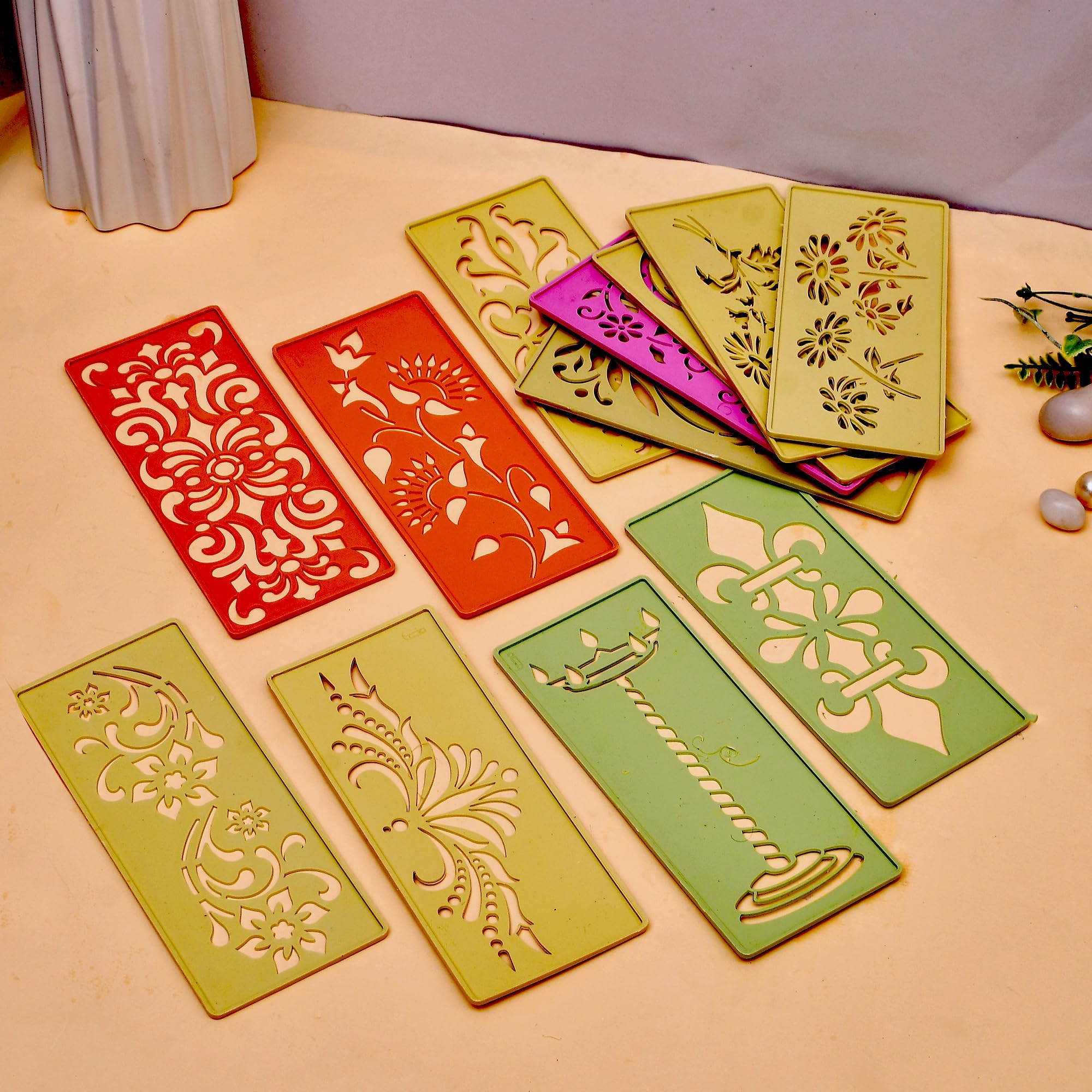 CRAFTAM Different Design Ready to Draw Rangoli Making Stencils, Rangoli Plastic Stencils for Floor Decoration (Set of 12, Size 3x7 Inch)