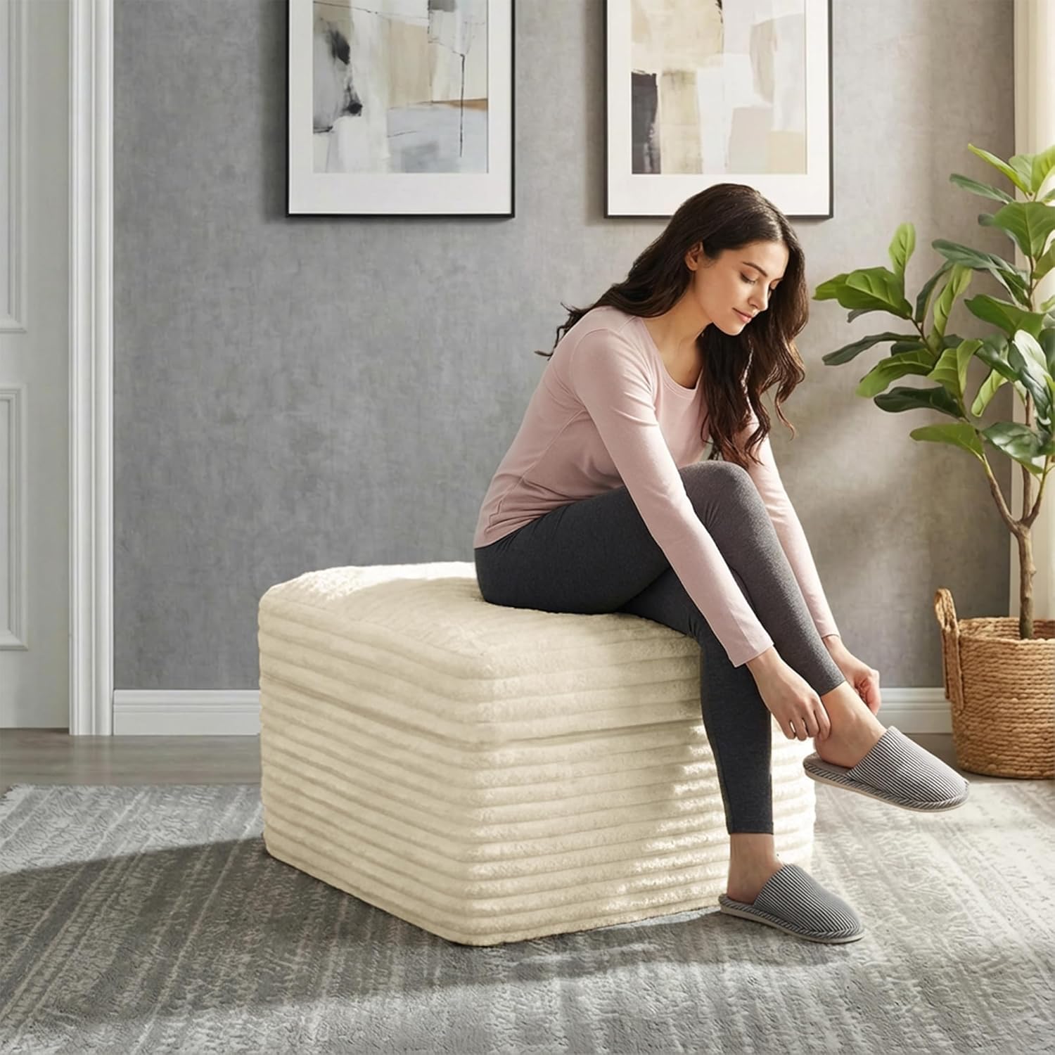 23.6in Pouf Ottoman, Corduroy Ottoman Foot Rest with Dual‑Layer Support, Large Poofy Pouf with Soft Chunk‑Foam Top & Firm Foam Base, Floor Foot Stool for Living Room, Beige