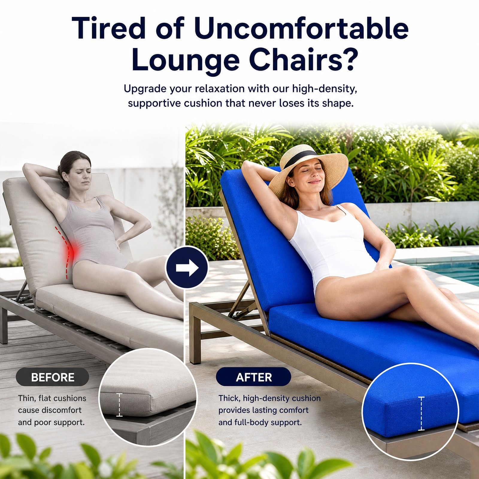 Coussin Bain de Soleil Étanche, Coussin Transat avec Sangles, Coussin Transat Exterieur UV Polyester, Matelas Bain de Soleil Pliable Démontable pour Chaise Longue(White,190 X 60 X 3cm)