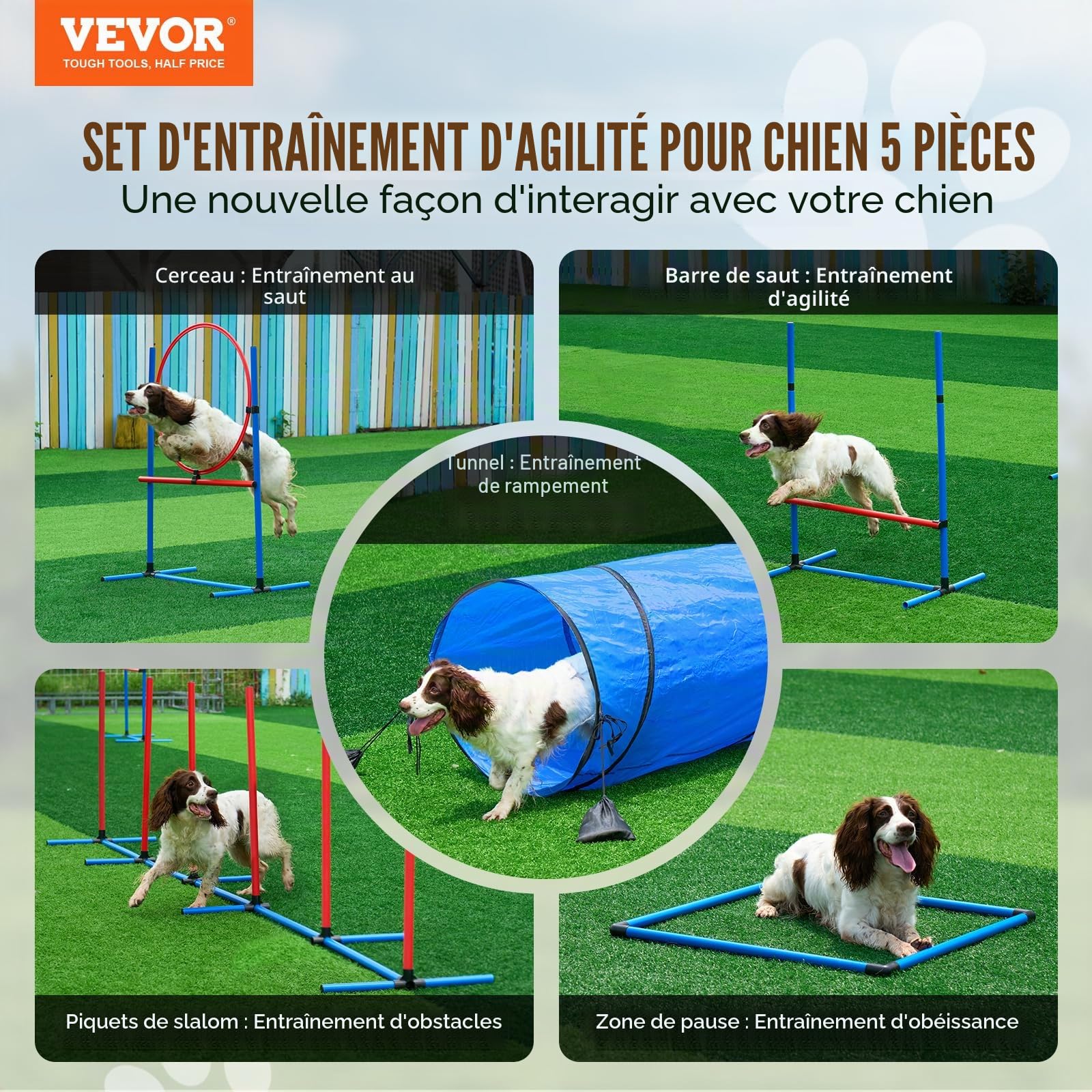 VEVOR Équipements d'Entraînement Agilité pour Chien, Ensemble 5PCS, Parcours Obstacles pour Chiot, avec Haies Hautes Réglables, 6 Poteaux, Tunnel, Anneau de Saut, Boîte de Pause, Sifflet, Bol Pliable