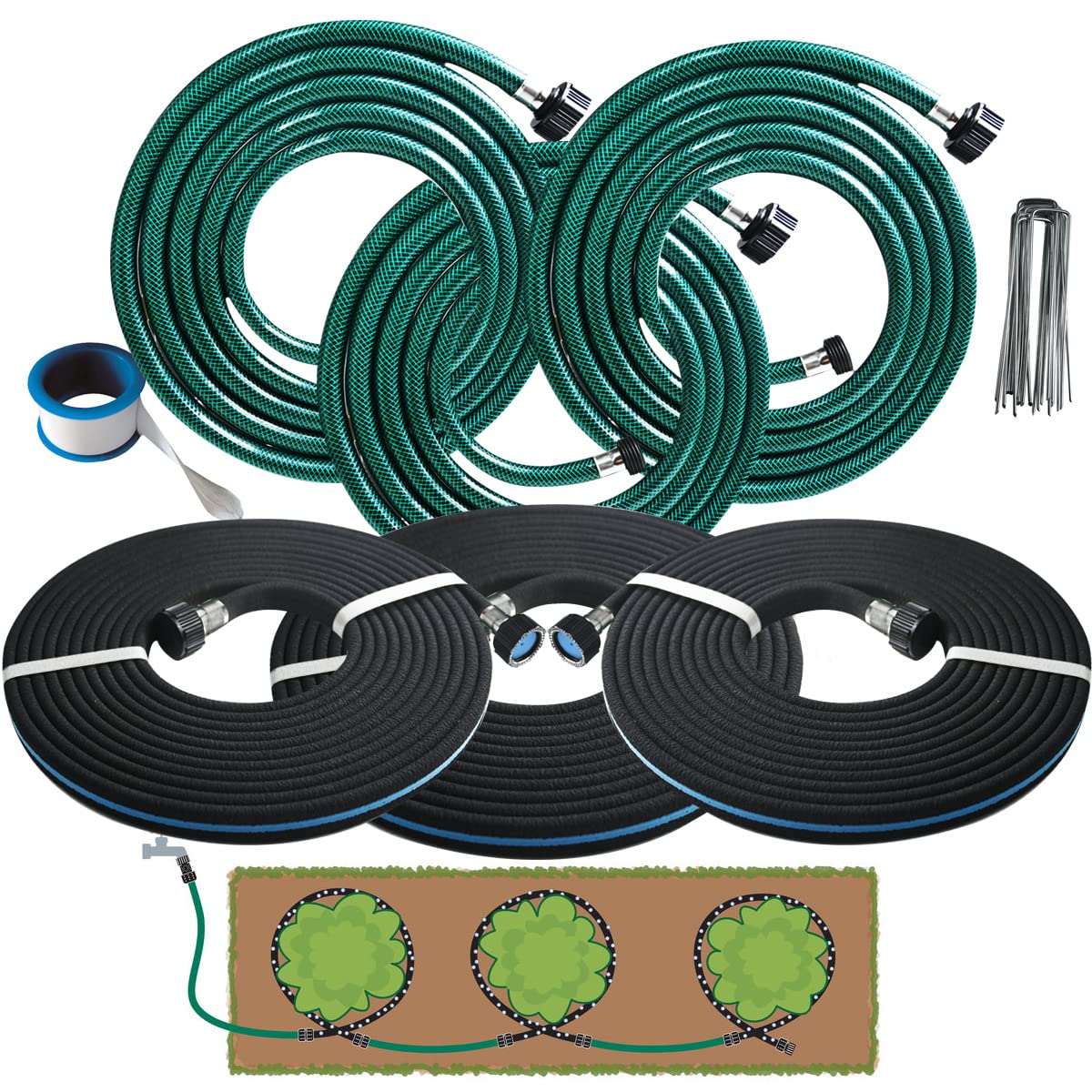 AMRITA - Kit di tubi da giardino in gomma da 1/2, 30,5 m, risparmio idrico, 70%, nero, resistente, per prato da giardino, letti rialzati da giardino