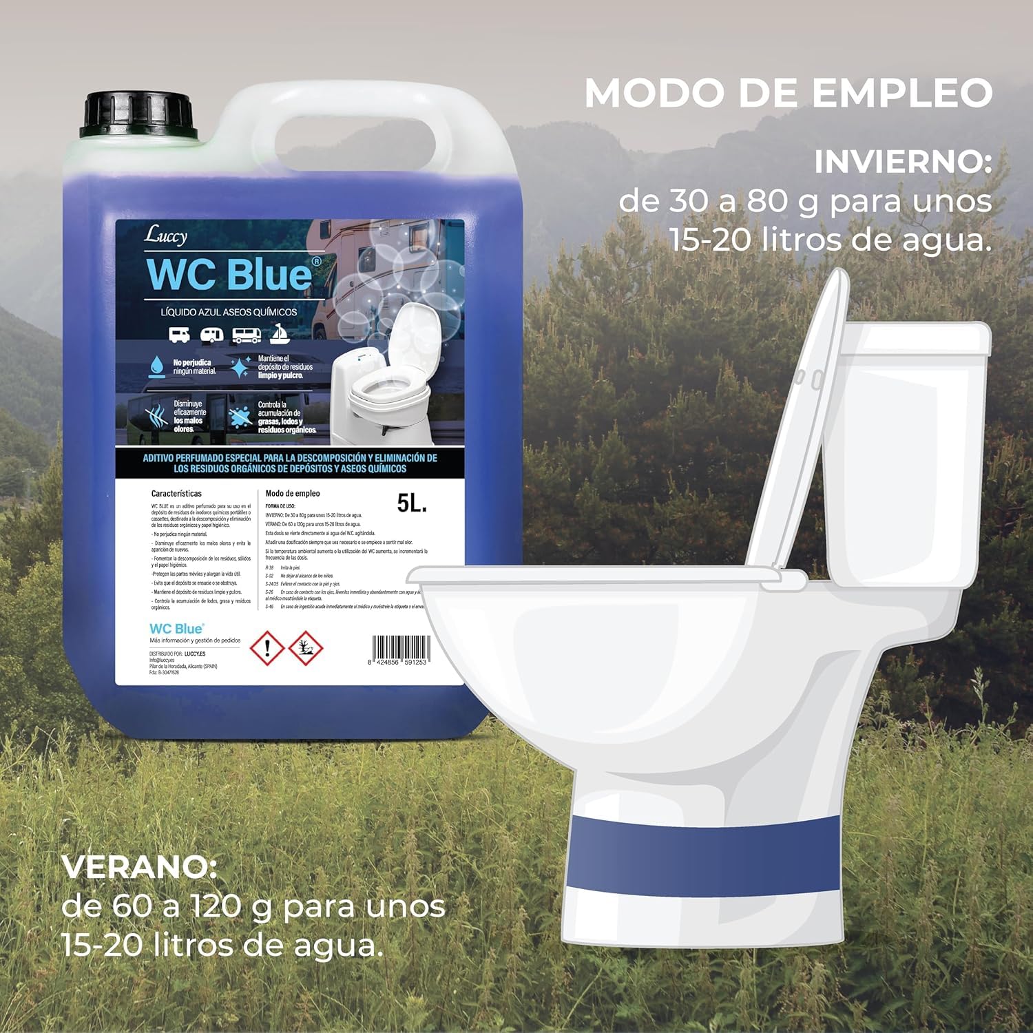 WC Blue 5 L. aditivo para aguas negras, depósito de residuos, Sanitary Fluid para caravanas