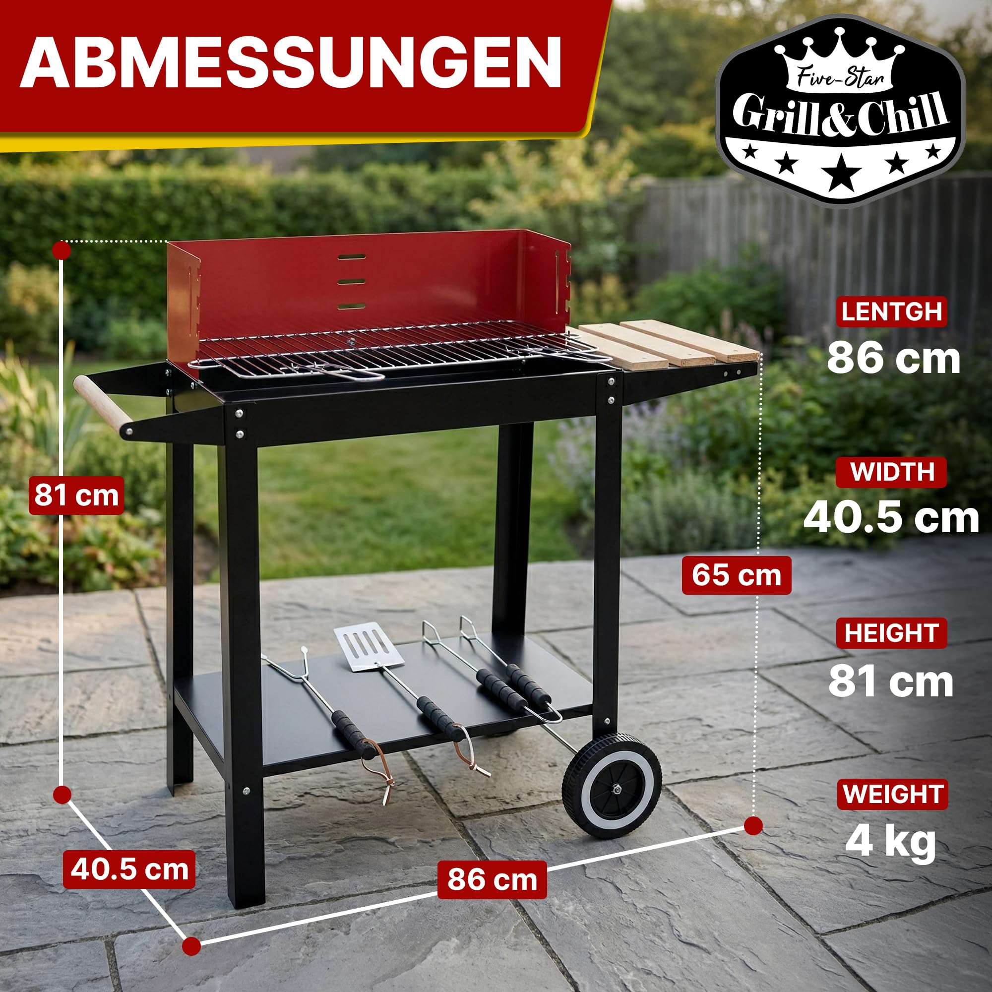 Five-Star Grill&Chill Holzkohlegrill – Verchromter Doppelrost 50 × 26,5 cm, 4-fach höhenverstellbar – Mobil mit Rädern & Holzablage – Für Garten, Balkon & Camping – Emaillierte Feuerschale