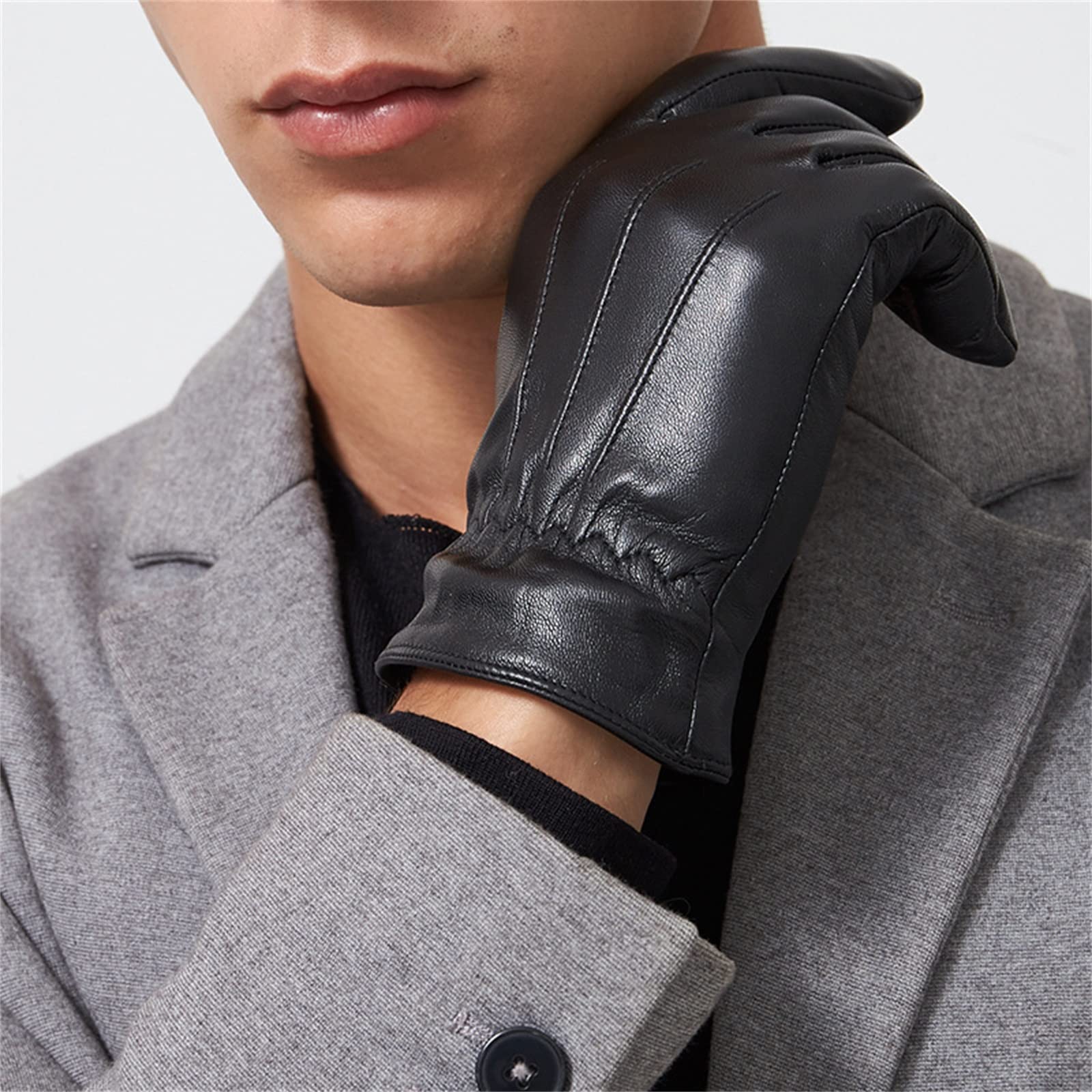Guanti in Pelle da Uomo Guanti Touch Screen in Pelle, Guanti da Guida da Uomo con Isolamento in Peluche Invernale Guanti Invernali (Color : Black, Size : L)
