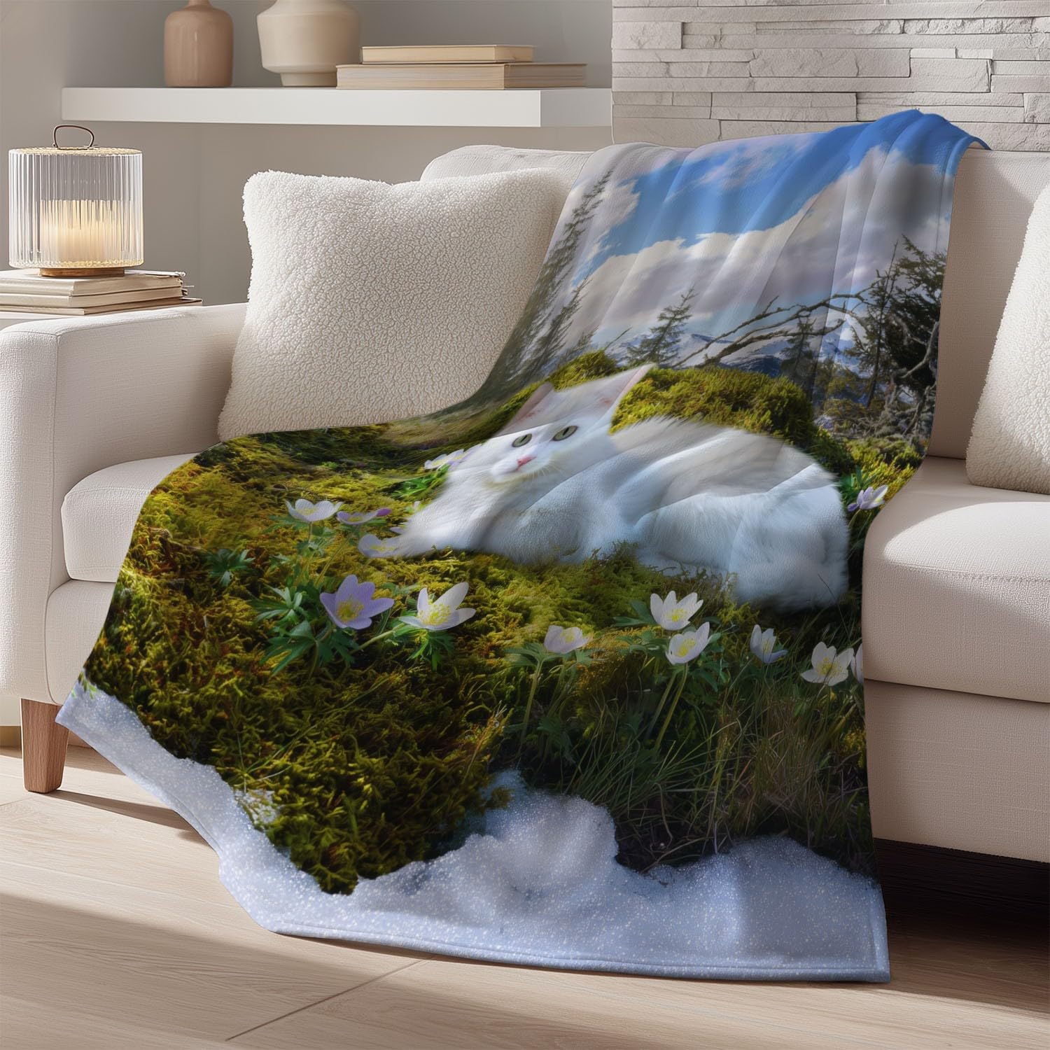 Générique Couverture Plaid Flanelle 150cm x 200cm Épais Couvertures Polaire d'automne Chaud, Réalisme Paix Chat Moelleuse Légères Blanc Vert Couvertures pour Lit ou Canapé