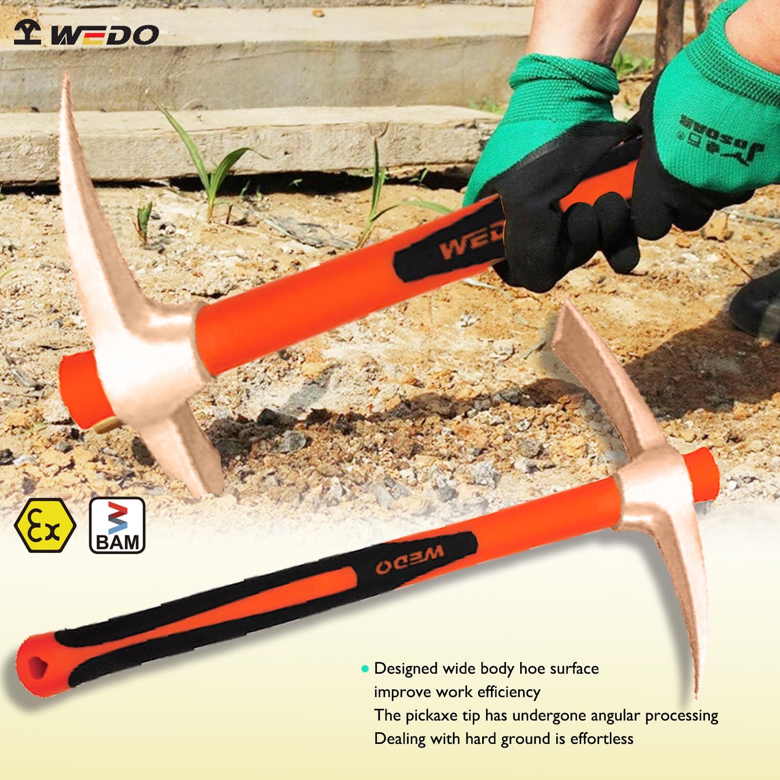 WEDO Juego de pala y púa de punta redonda que no produce chispas, pala de hoja recta de 990 mm, martillo de púas de roca de 910 mm, mango antideslizante, cobre berilio, no magnético, estándar DIN