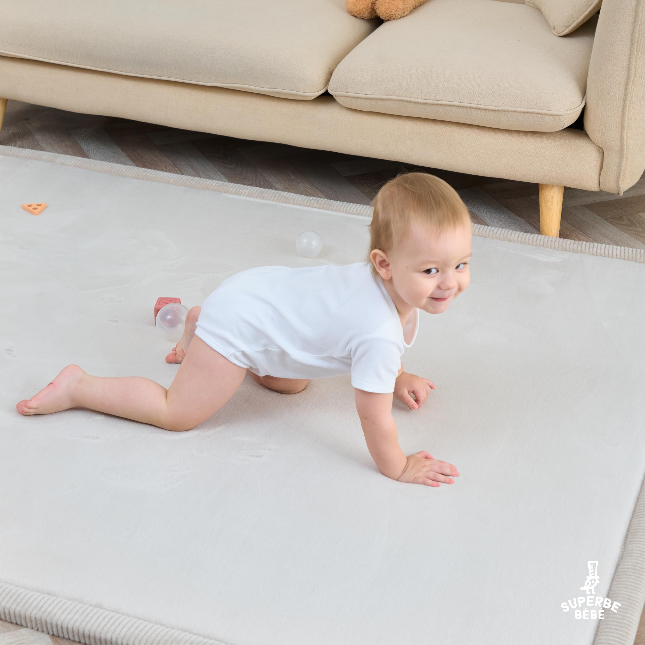 SUPERBE BEBE - Tapis De Jeu Et D’Éveil Bébé 150x200X2,5CM – Épais Et Anti-Choc - Mousse Mémoire De Forme Non Toxique Oeko-Tex – Tapis Chambre Bébé Et Enfant - Design Elegant (Beige UNI)