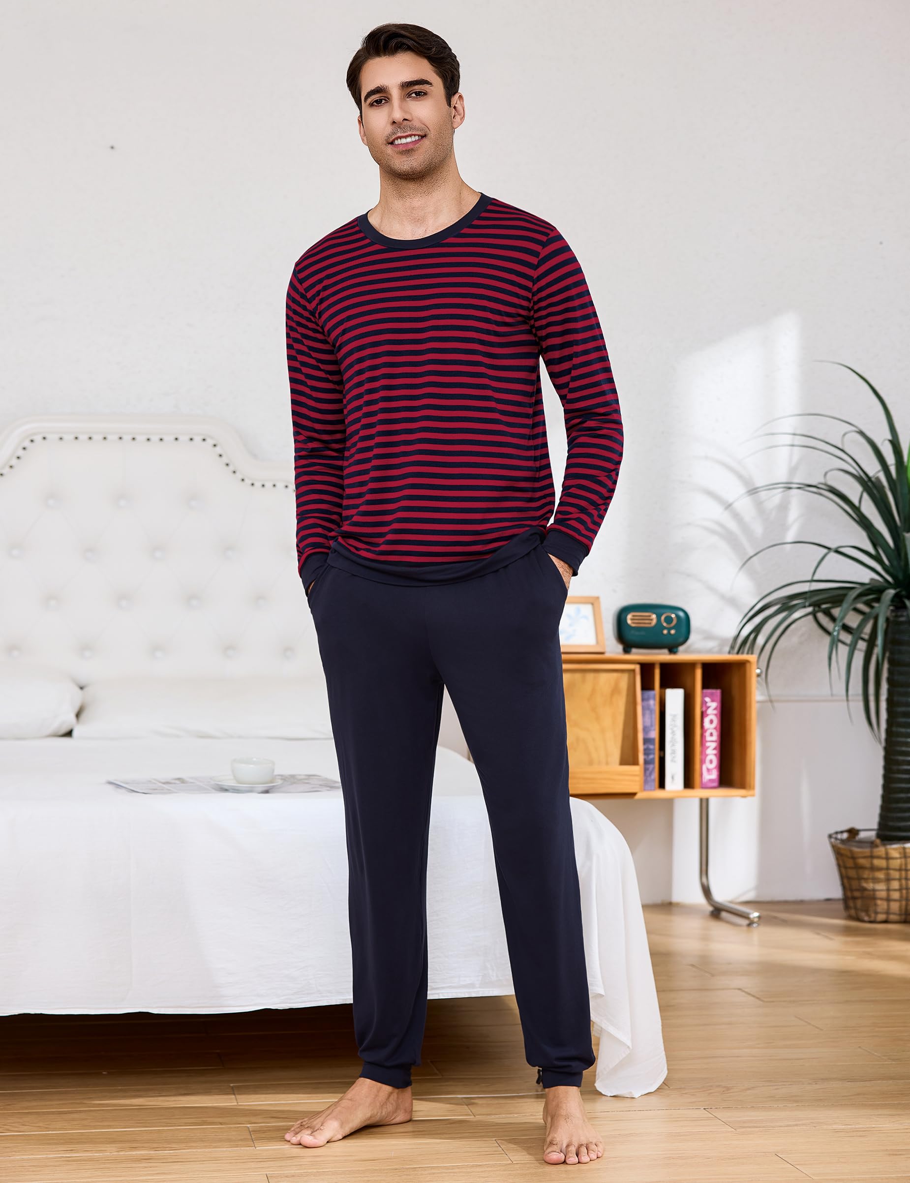 Bresdk Pijama Hombre Invierno Algodon Manga Larga Conjunto de Pijama a Rayas Dos Piezas Pijamas Largos Cuello Redondo S-3XL