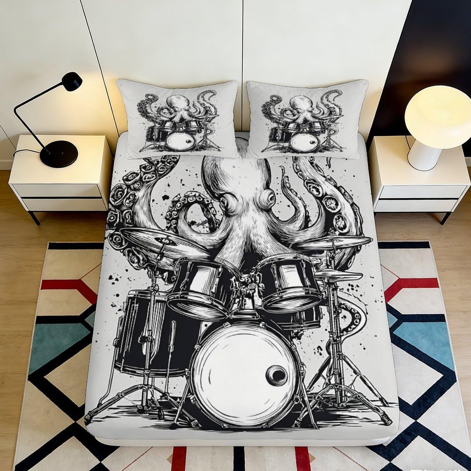 3D Printed Octopus Drum Fitted Sheet Microfiber Anti-Slip Bed Cover for Bedroom Guestroom Dorm Mattress Decor 90x200x25cm