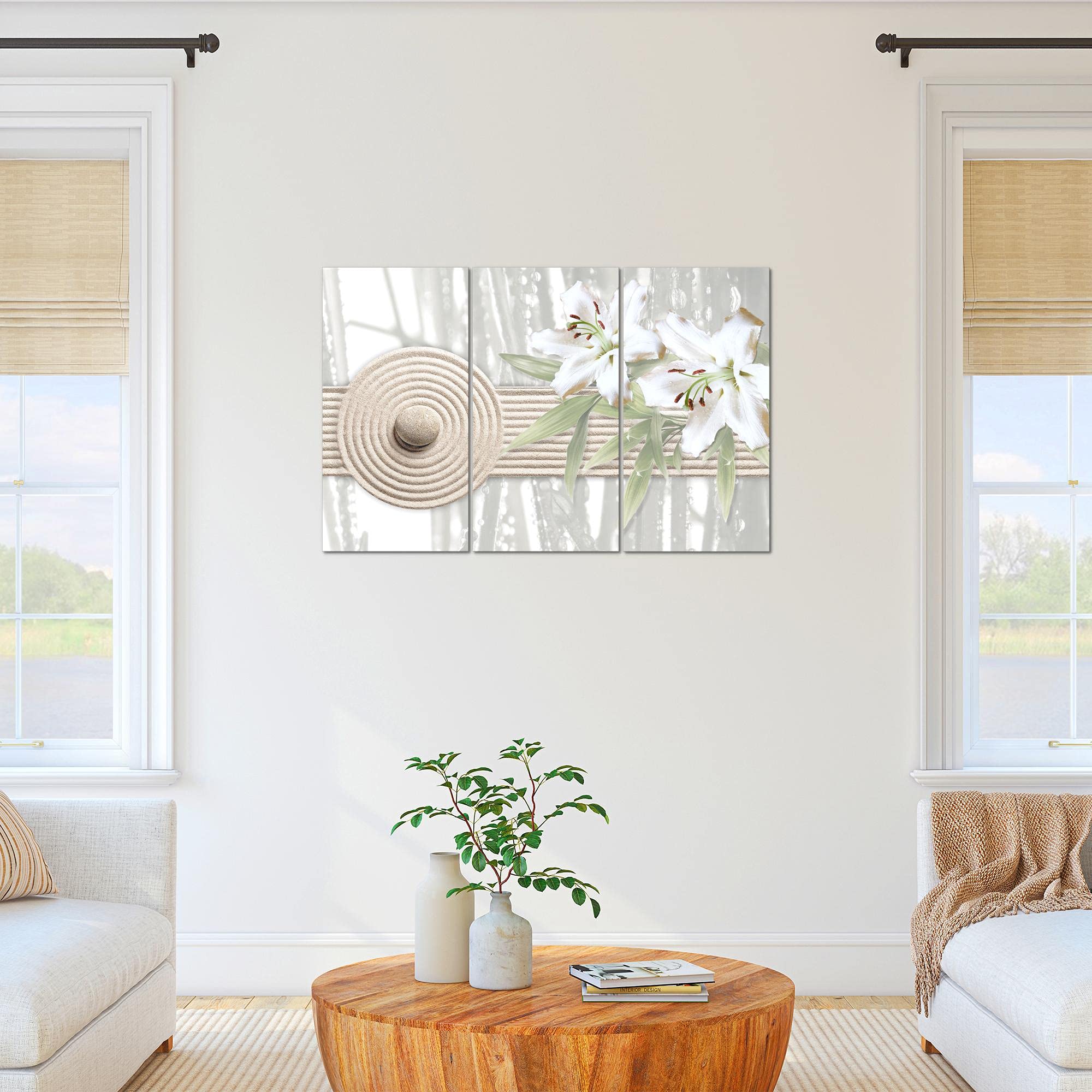 Runa Art Quadro Murale Tela Non Tessuta 5 Pezzi - Gigli Feng Shui Grigio Beige, Rilassante Per Camera Letto/Corridoio