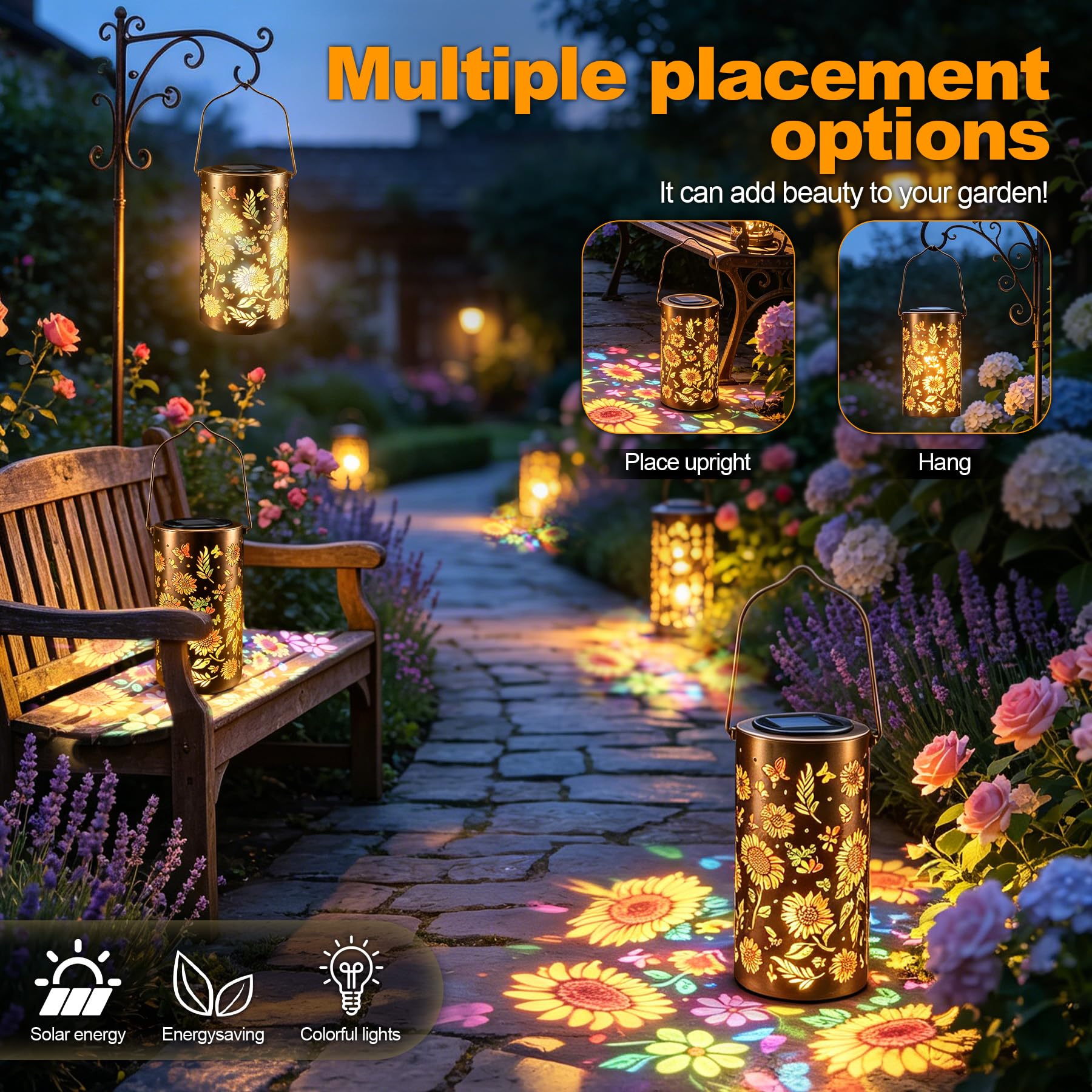 VEEKAY 2 Pezzo Lanterna Solare a Forma di Girasole per Esterno,Lampade Solari da Giardino in Metallo,IP65 Impermeabile,Lanterna Decorativa Da Giardino per Tavolo, Esterni, Terrazzo,Balcone