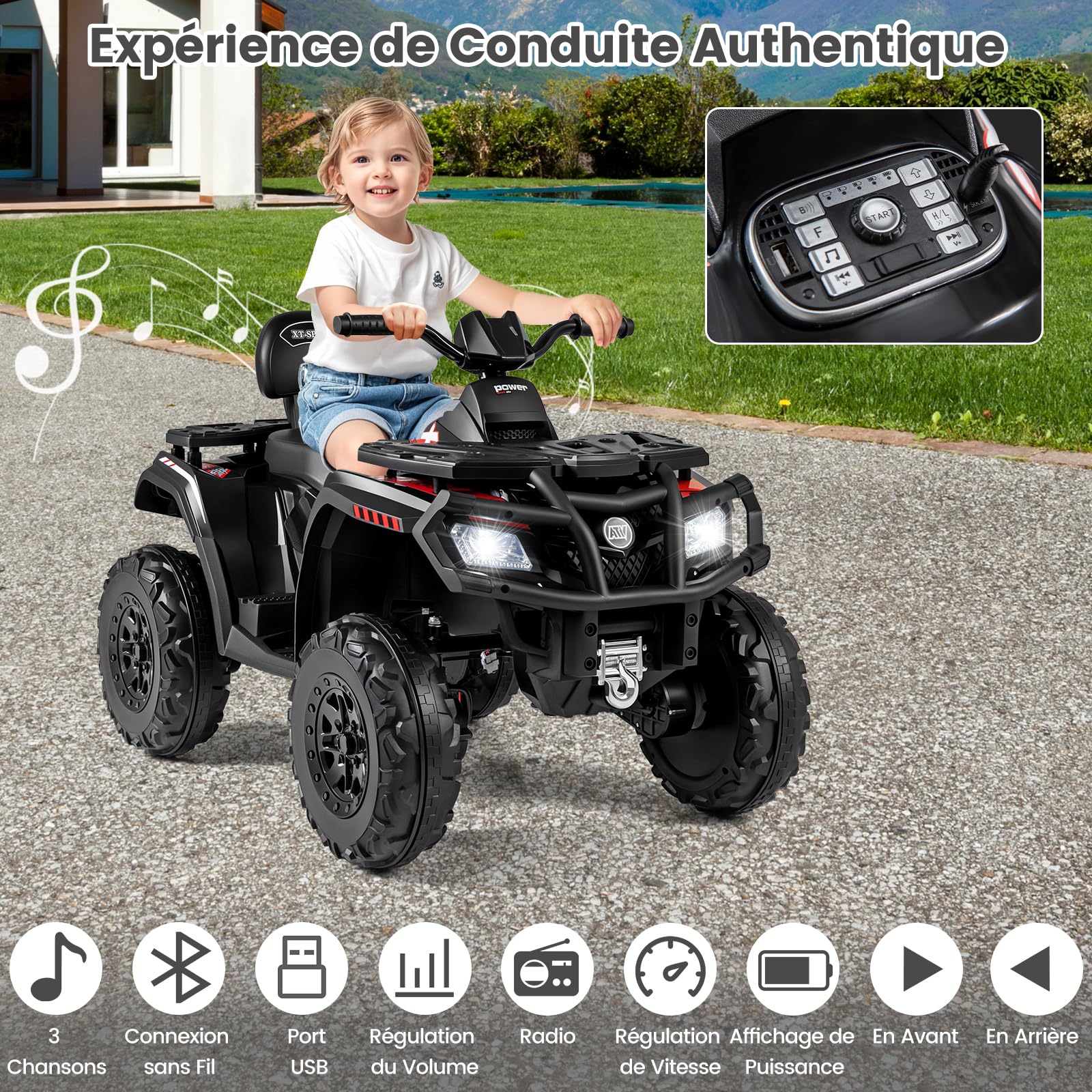 COSTWAY Quad Électrique Enfants 24V avec 4 Moteurs, Voiture Électrique Enfants 2 Places avec Lumières LED, Musique, Marche Avant/Arrière, Frein, 2 Vitesses 3-8 km/h, Charge 59 kg, pour 3-8 Ans (Noir)