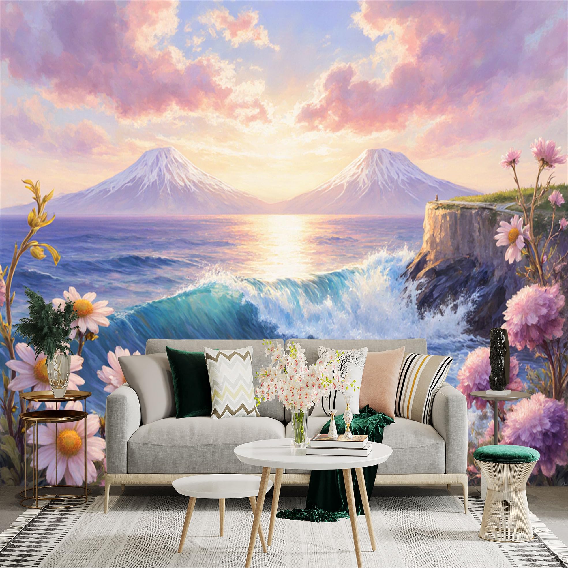 Lnzczhyre Xc260505650 Custom Size Wall Sticker Mural， Pink Daisy Flowers On Cliffside， Oceanic Waves And Majestic Snowy Mountain Peaks， Sunset Sky Scenery， For Wall Decoration， Peelandstick Wall Decals.