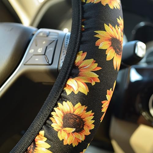 Miniatura 9 de Funda para volante con estampado de girasol para mujer con portavasos para automóvil y llavero con tema de girasol, funda para volante linda y a la