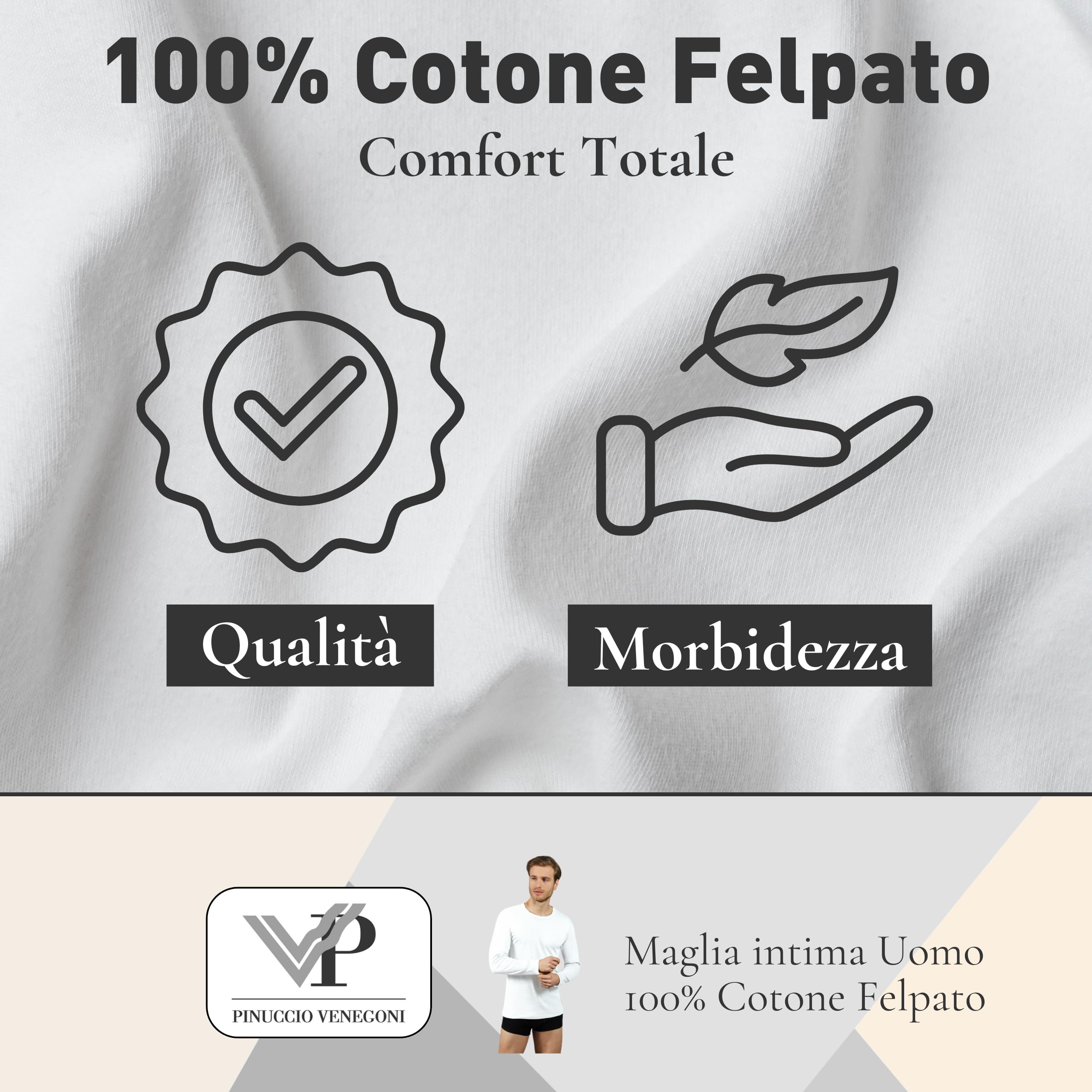 VP PINUCCIO VENEGONI Camiseta de manga larga para hombre (paquete de 2) 100% algodón afelpado | Camiseta térmica para hombre de invierno, cuello redondo, camiseta interior, fabricada en Italia