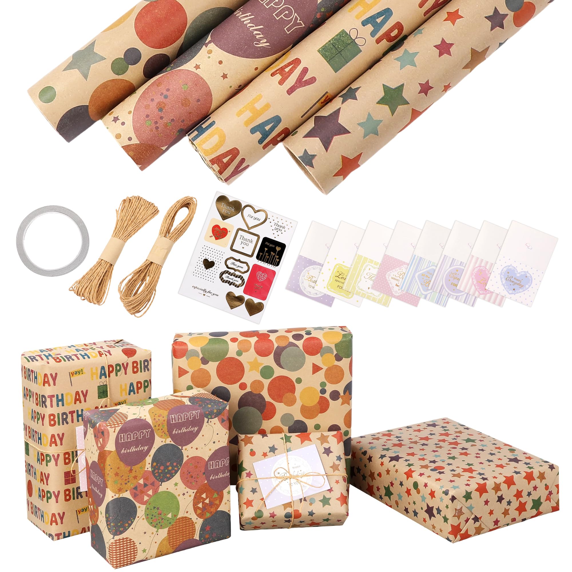 4 Rolls Gift Wrapping Paper, Eco Friendly Recyclable Kraft Wrapping Paper-Perfect for Birthday, Wedding, Valentine's Day, Party Gift & Festive Décor (43cm*3m)