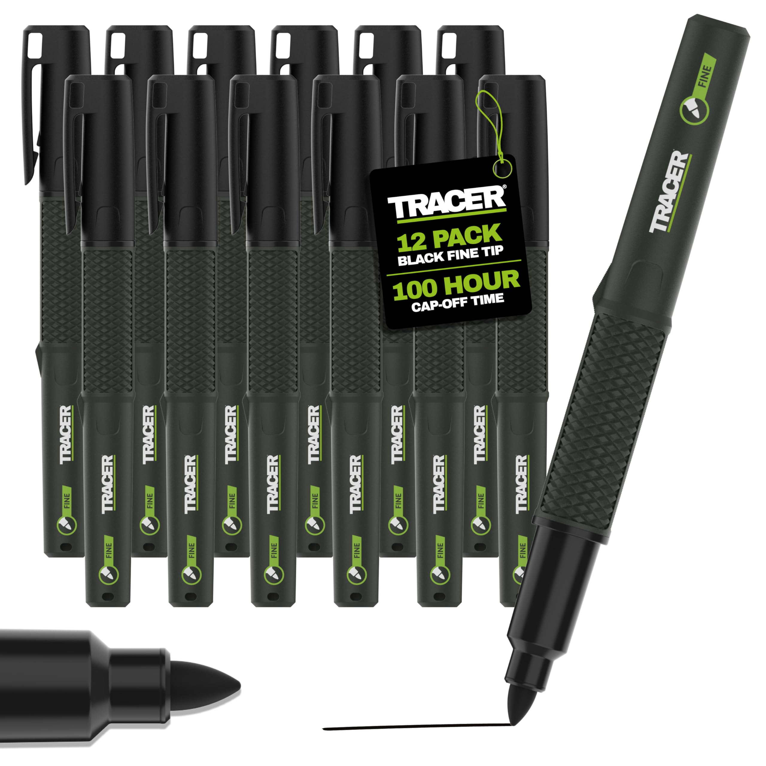 Tracer 2.0 Fine Tip Permanent Marker Pens Black x12, 100hr Cap-off — image 1