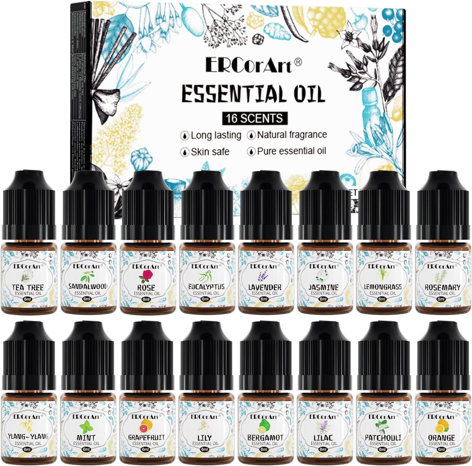Essential Oils Set - 16 Aromatherapy Essential Oils for Home Care, Diffusers, Candle Making, Humidifier - Ylang-Ylang, Peppermint -6ml