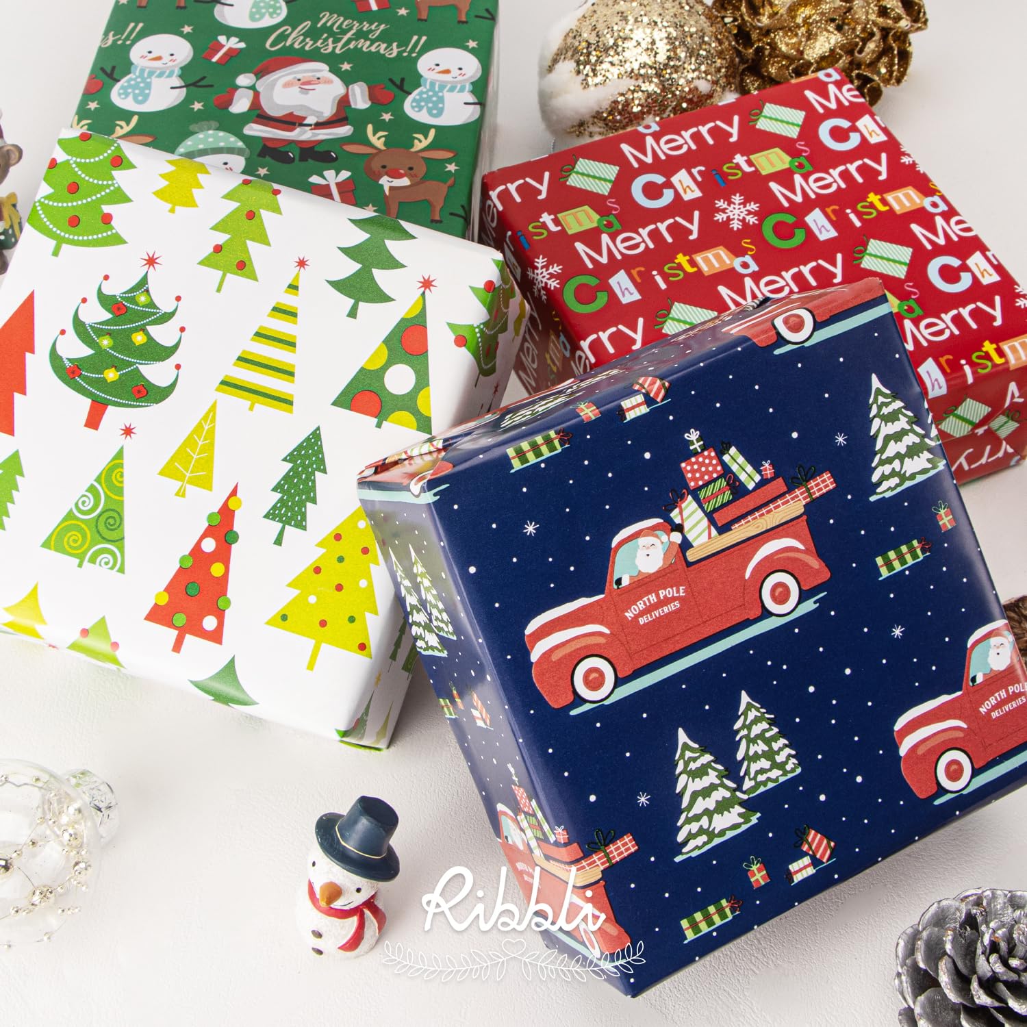 Ribbli Papel de regalo de Navidad de 30 pulgadas, 4 rollos de Feliz Navidad, Papá Noel, muñeco de nieve, árbol de Navidad, surtido de 30 pulgadas x 10 pies por rollo