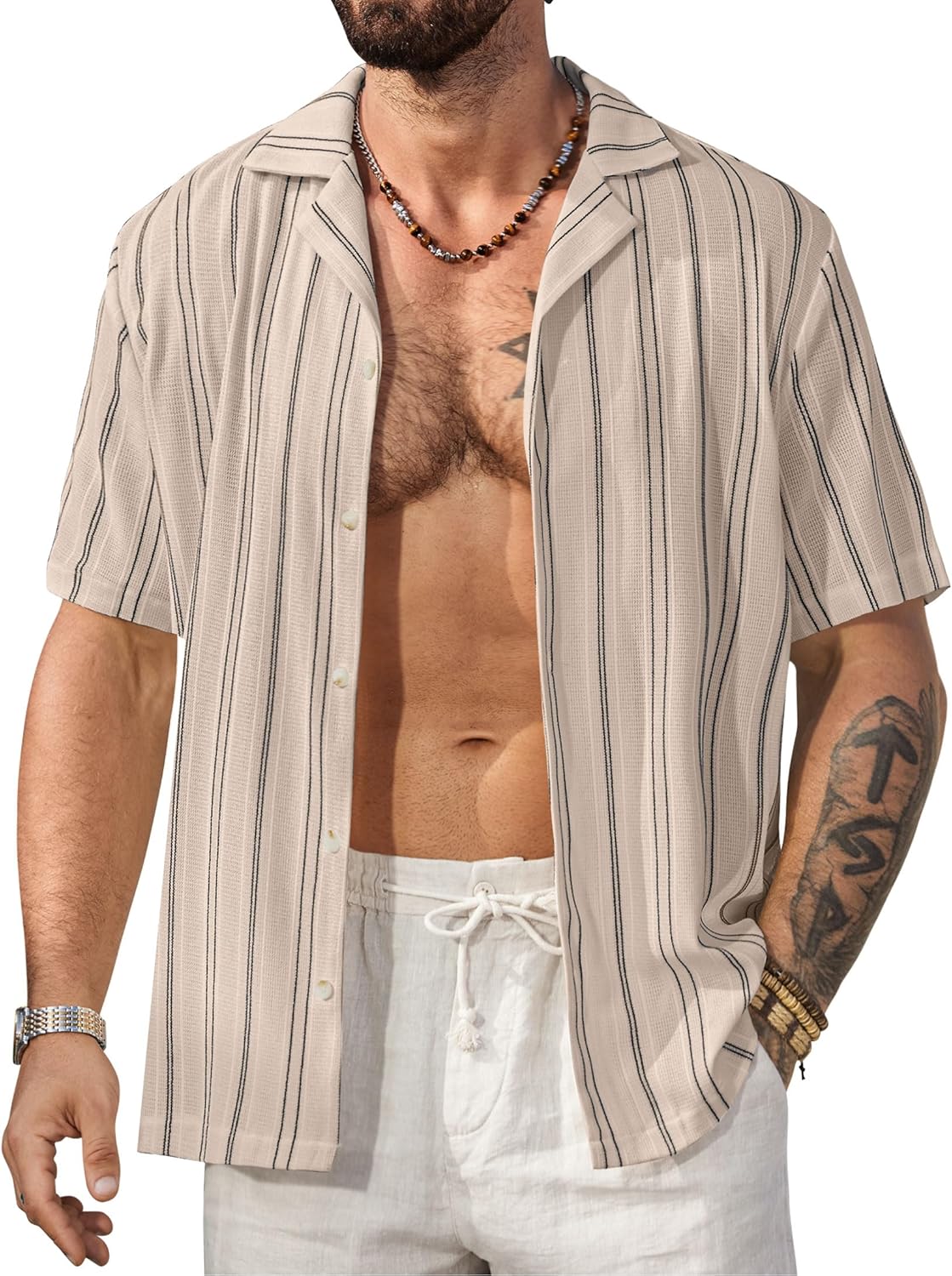 Mens Summer Striped Shirts Casual Cuban Shirt Texture Button Down Shirts for Beach Vacation (S-XXL)