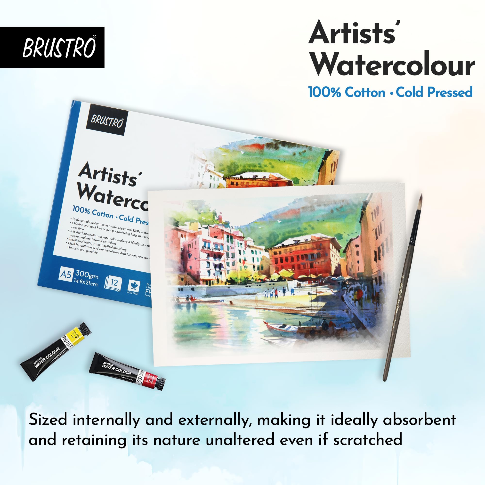 Brustro Künstler-Aquarellblock, 100 % Baumwolle, 300 g/m², kaltgepresst, 12 Blatt, Größe A5, ideal für professionelle Zeichnungen, Malen, trocken und nass, Kunststudenten