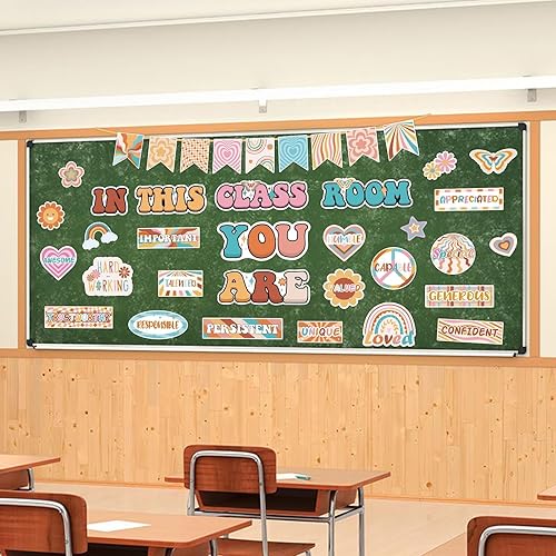 Miniatura 7 de Decoración de tablón de anuncios bohemio, decoración retro para aula, 30 piezas de decoración inspiradora de afirmación con margaritas y arco iris,