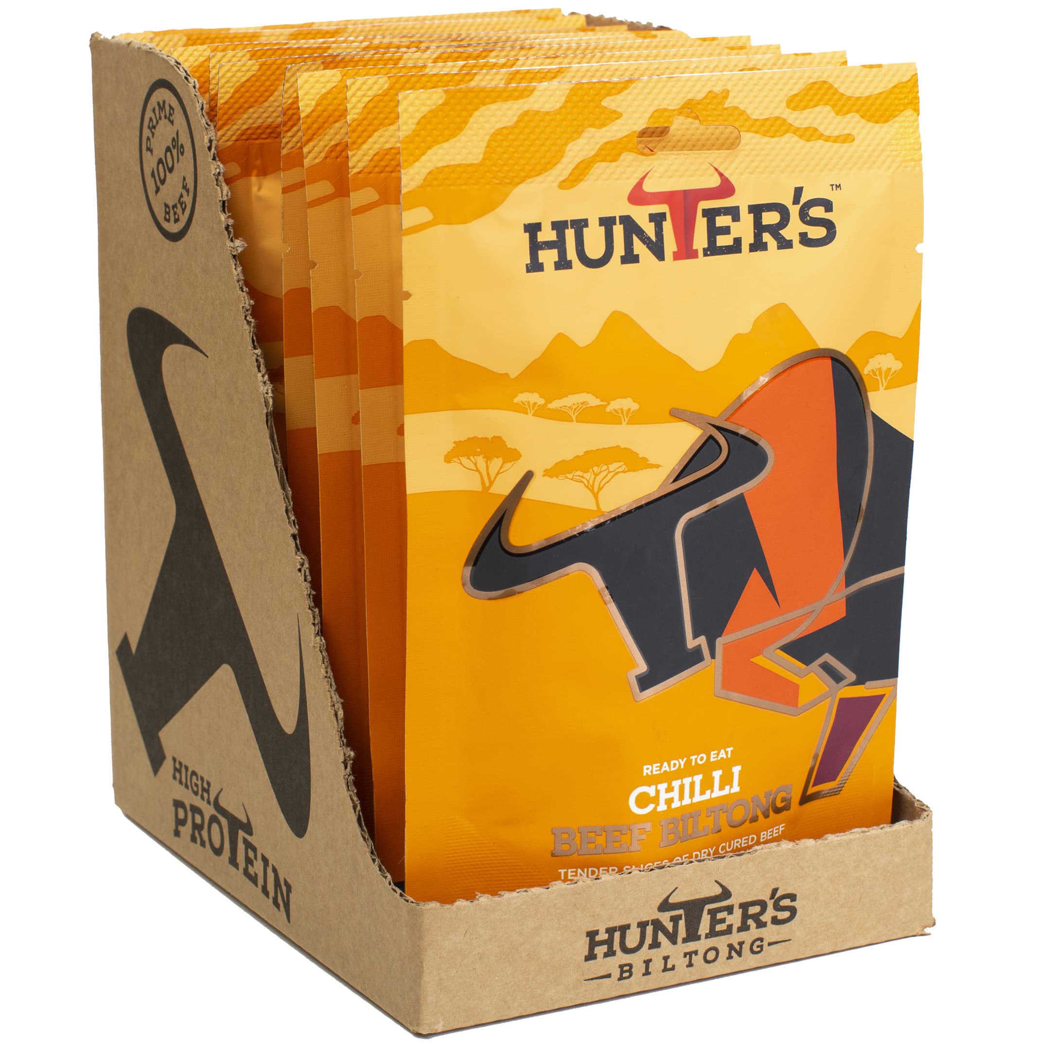 Hunters Biltong – Chilli Beef Biltong, 28g Pack of 10 High Protein, low fat, Thin Tender Slices of authentic Beef Biltong, beef Jerky, MSG Free, Convenient Snack