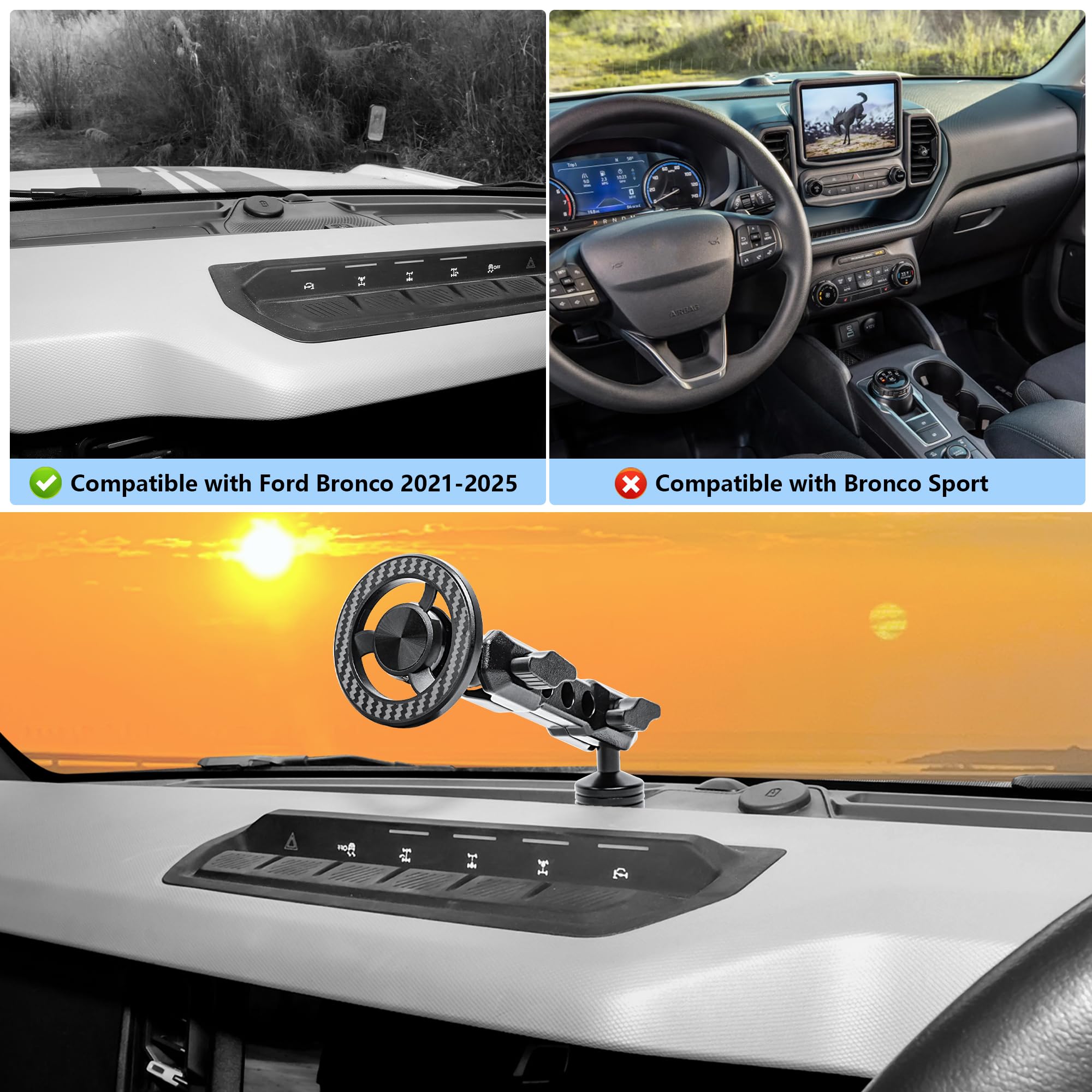 Soporte magnético para teléfono para Ford Bronco 2021-2026 2/4 puertas ajustable 360°, para accesorios Ford Bronco, tornillos OEM instalación de montaje en tablero (no para Bronco Sport)