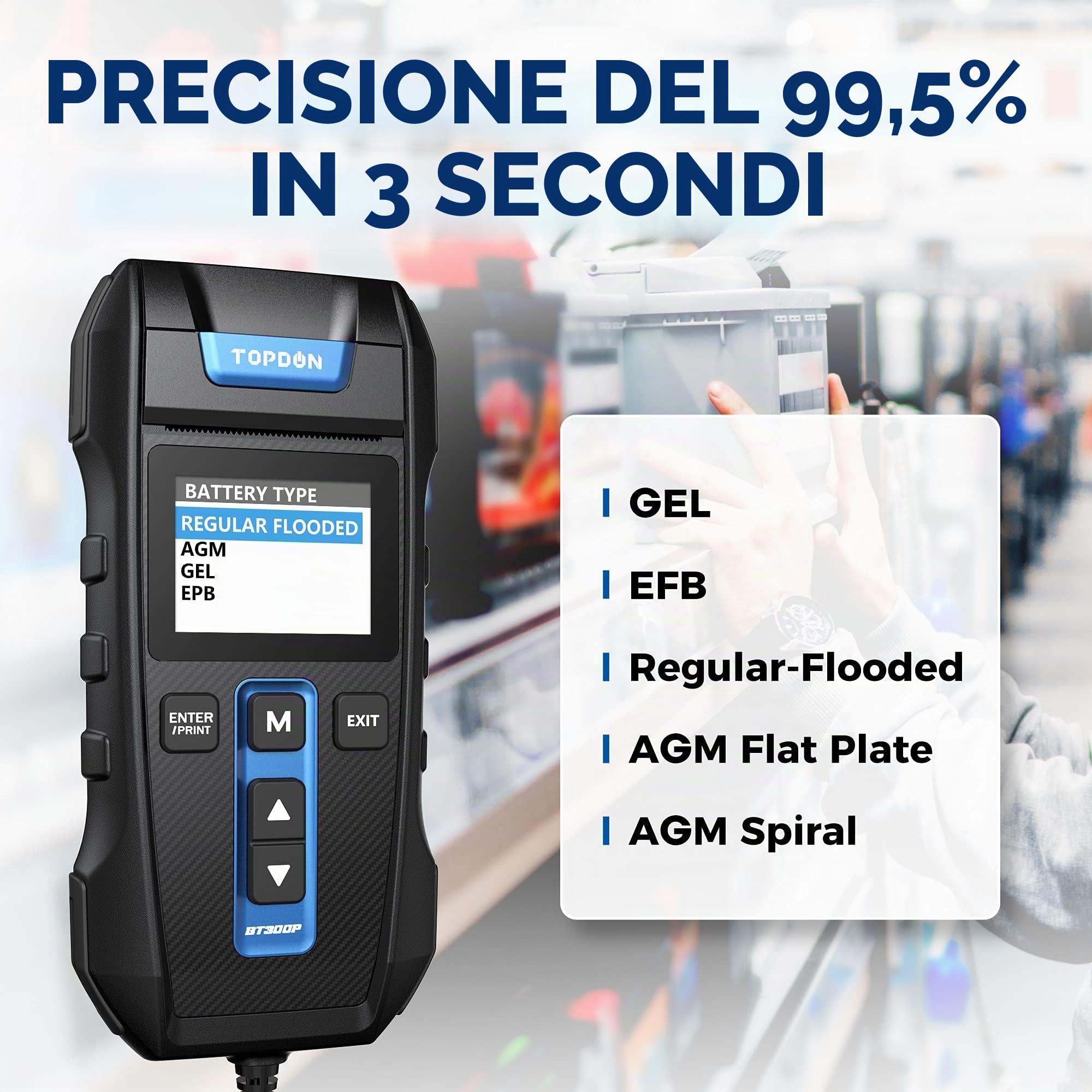 Tester Batteria per AutoTOPDON BT300P, 12V 24V Tester Batteria Con Stampante Analizzatore Professionale Della Batteria Dell'automobile Per Le Batterie 100-2000CCA