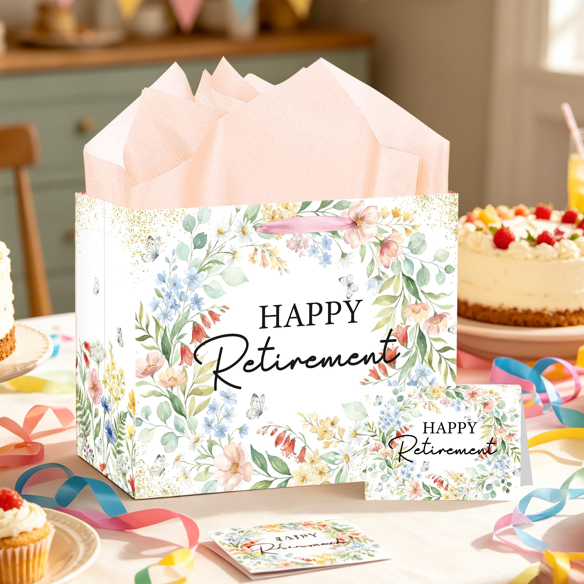MOIZYNG Retirement Gift Bag with Handles, Tissue Paper and Greeting Card, Floral Happy Retirement Wrapping Paper for Men Women Office Coworker Farewell Going Away Party Favors