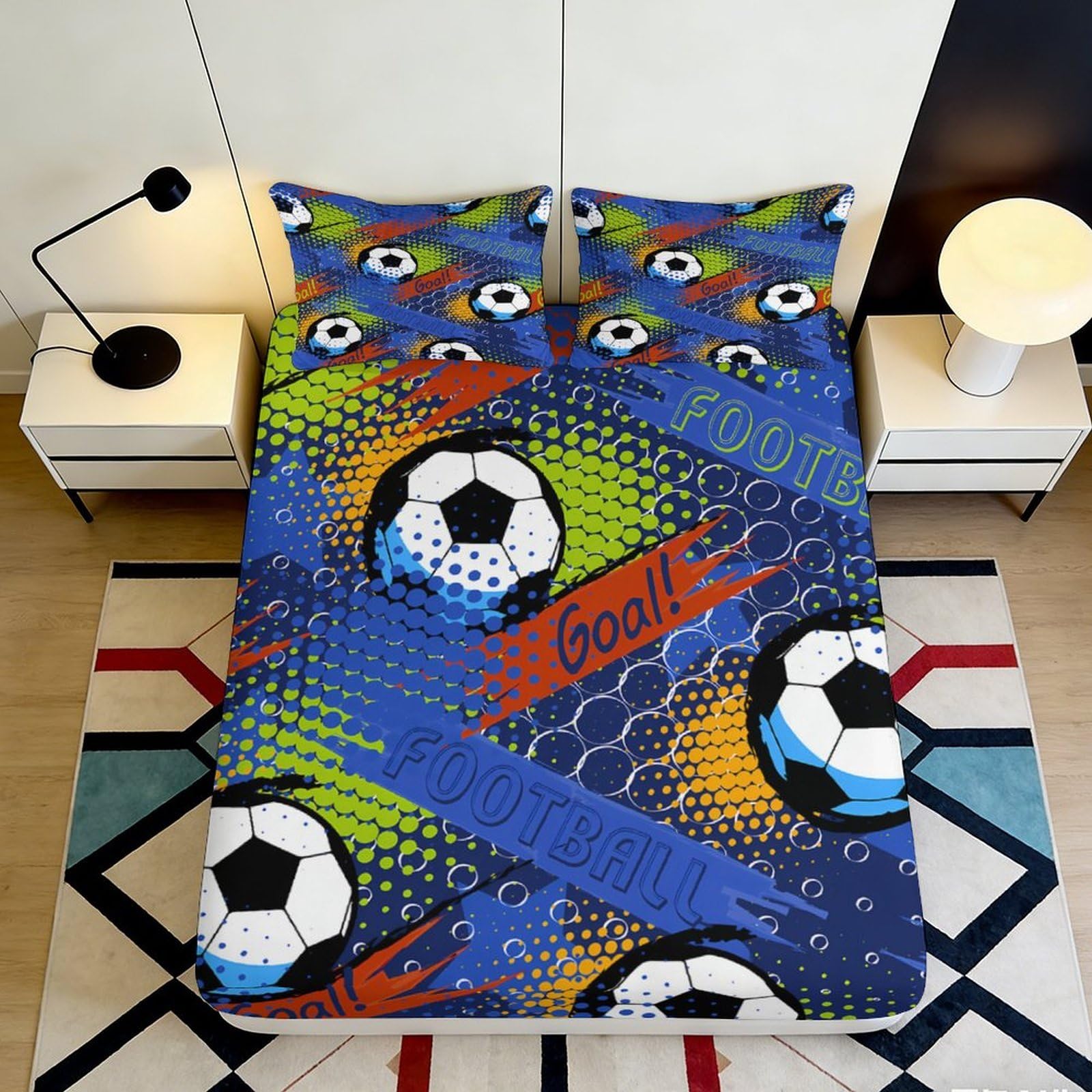3D Printed Soccer Pattern Fitted Sheet Microfiber Deep Pocket Non-Slip Bedroom Bedding Soccer Mattress Fitted Cover Wrap 90x200x25cm