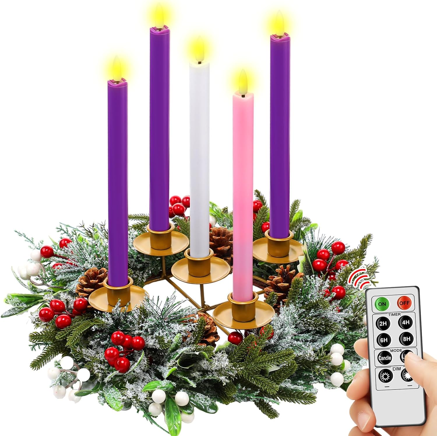 6 Pcs Christmas Advent Wreath with 5 Flameless Advent Candles, 11.8 Wreath with Remote, Flickering Flameless Candle for Church Table Centerpiece Holiday Decor Gifts, Exclude Battery(Pine Needle)