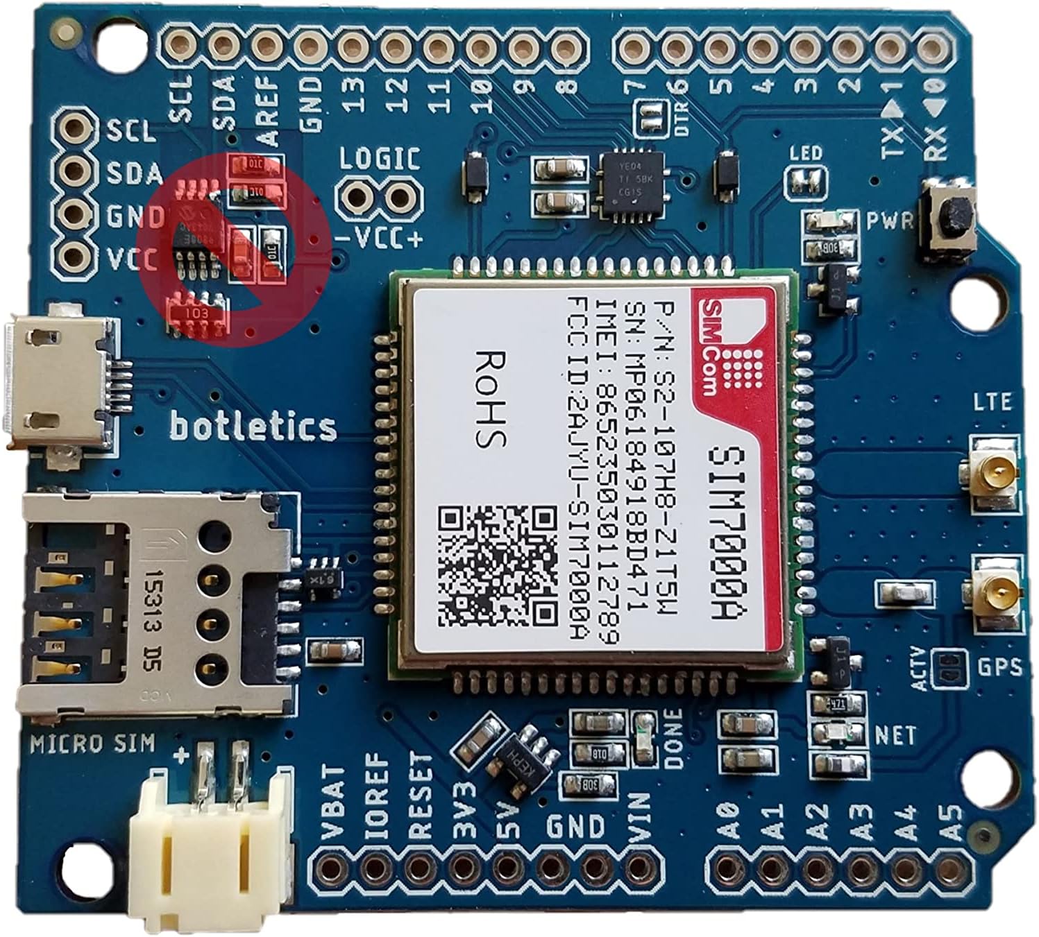 SIM7000 LTE CAT-M1 NB-IoT Cellular + GPS + Antenna Shield Kit for Arduino (SIM7000A)