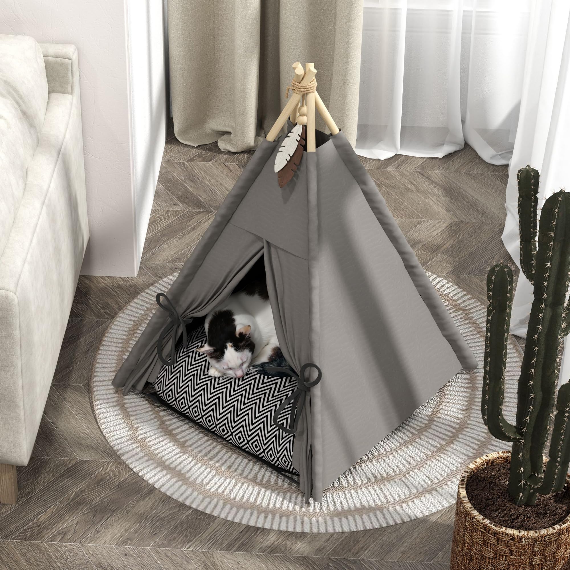 PawHut Tipi Tente pour Chats jusqu'à 5kg 60x60x76cm Gris | Tente chat avec coussin amovible lavable, fond antidérapant, balle, pour mini chiens