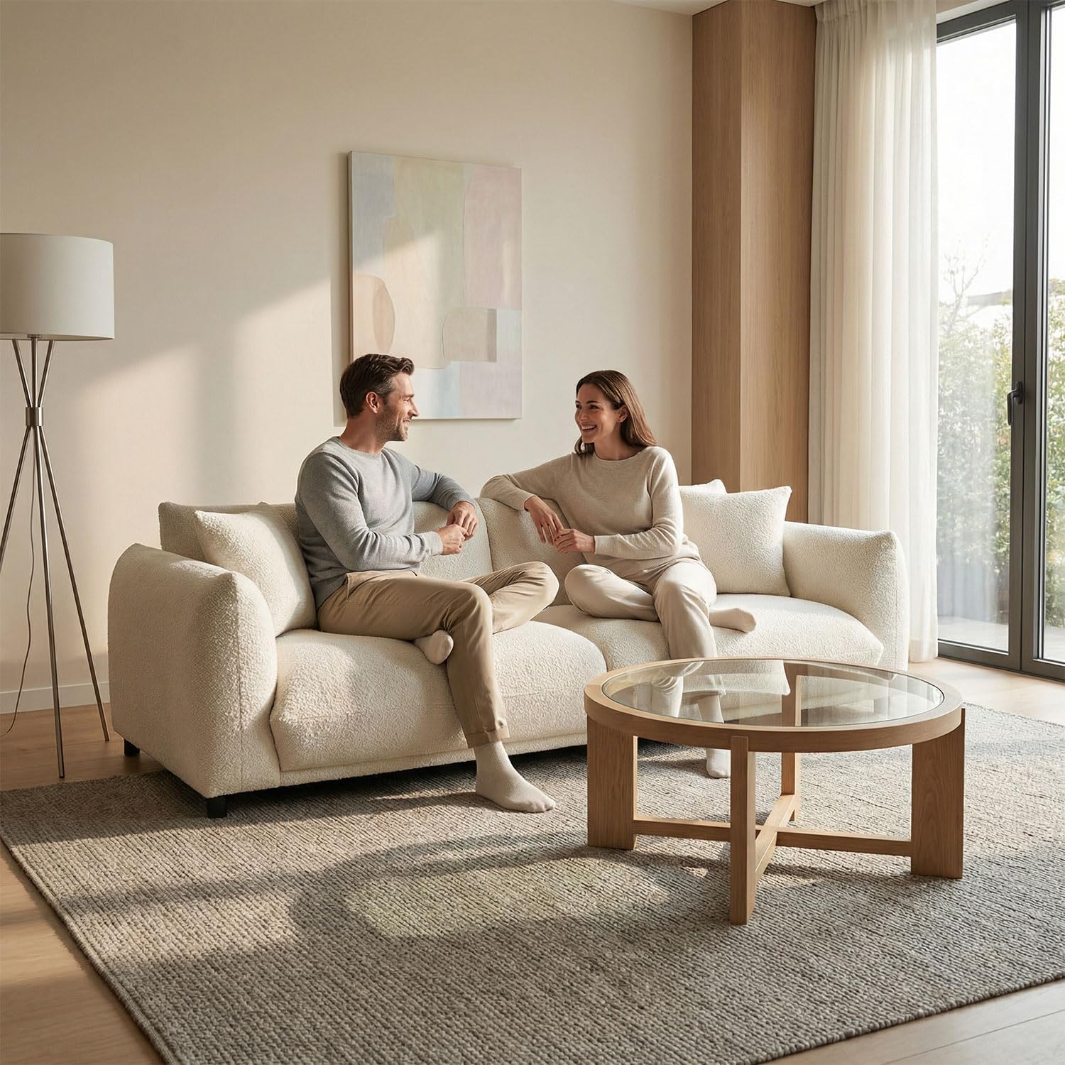 89" Curved Sofa for Living Room, Modern 3 Seater Boucle Couch, Cloud Deep Seat Minimalist Sofa, Mid Century Modern Japandi Furniture for Small Space Apartment, Cream Upholstered Sofa with Wood Legs