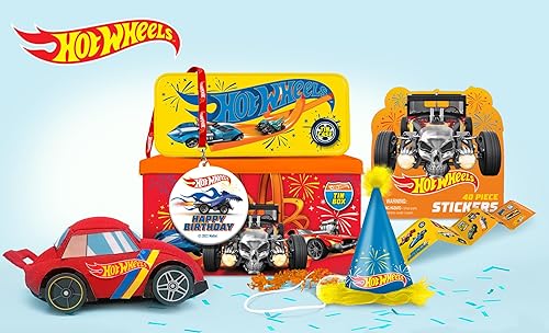 Miniatura 1 de Hot Wheels - Juego de regalo para fiesta de cumpleaños, caja de lata, estuche de lata, calcomanías, collar de cumpleaños, felpa y sombrero de