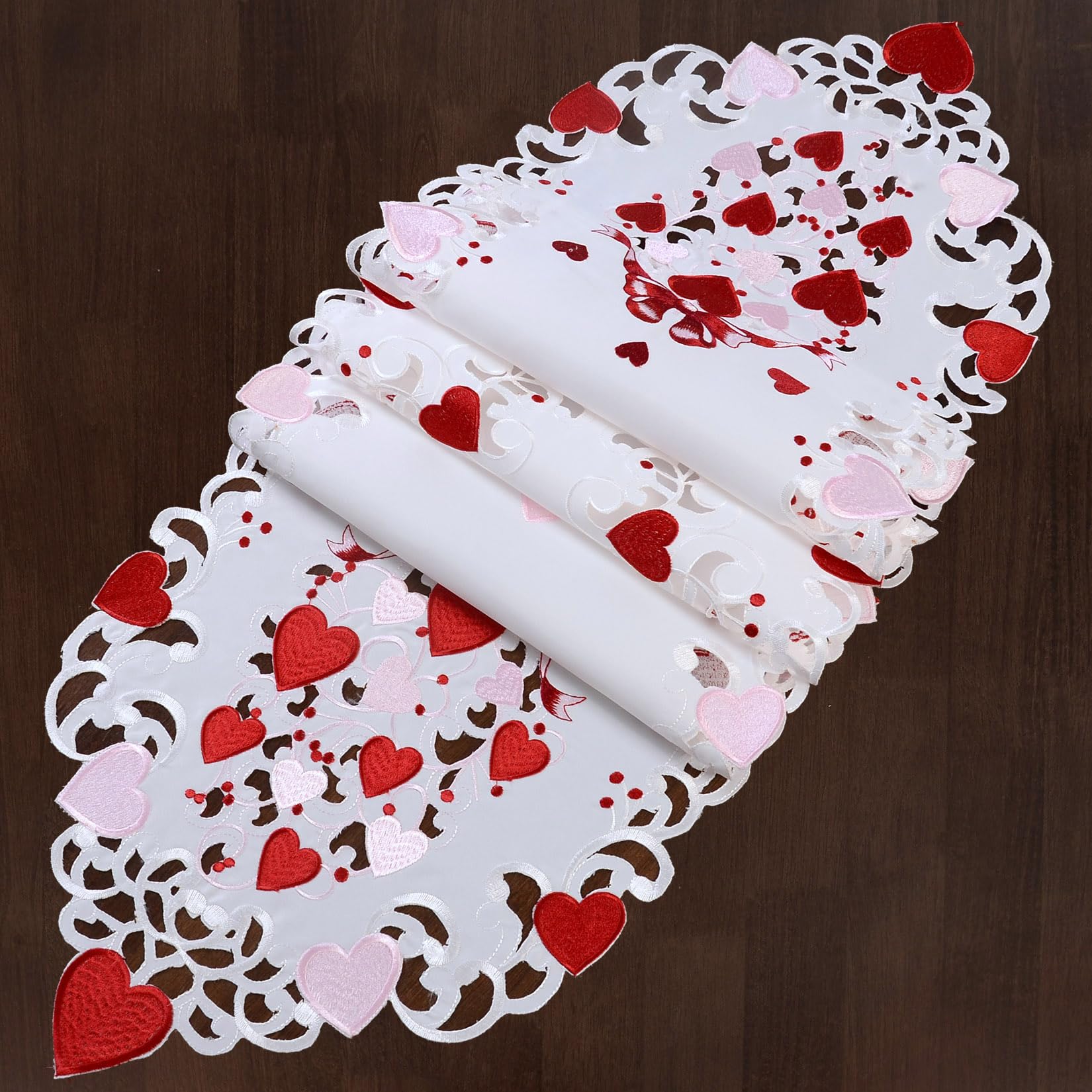 Grelucgo Camino de mesa decorativo bordado para el día de San Valentín con corazones, rosa y rojo (14 x 69 pulgadas)