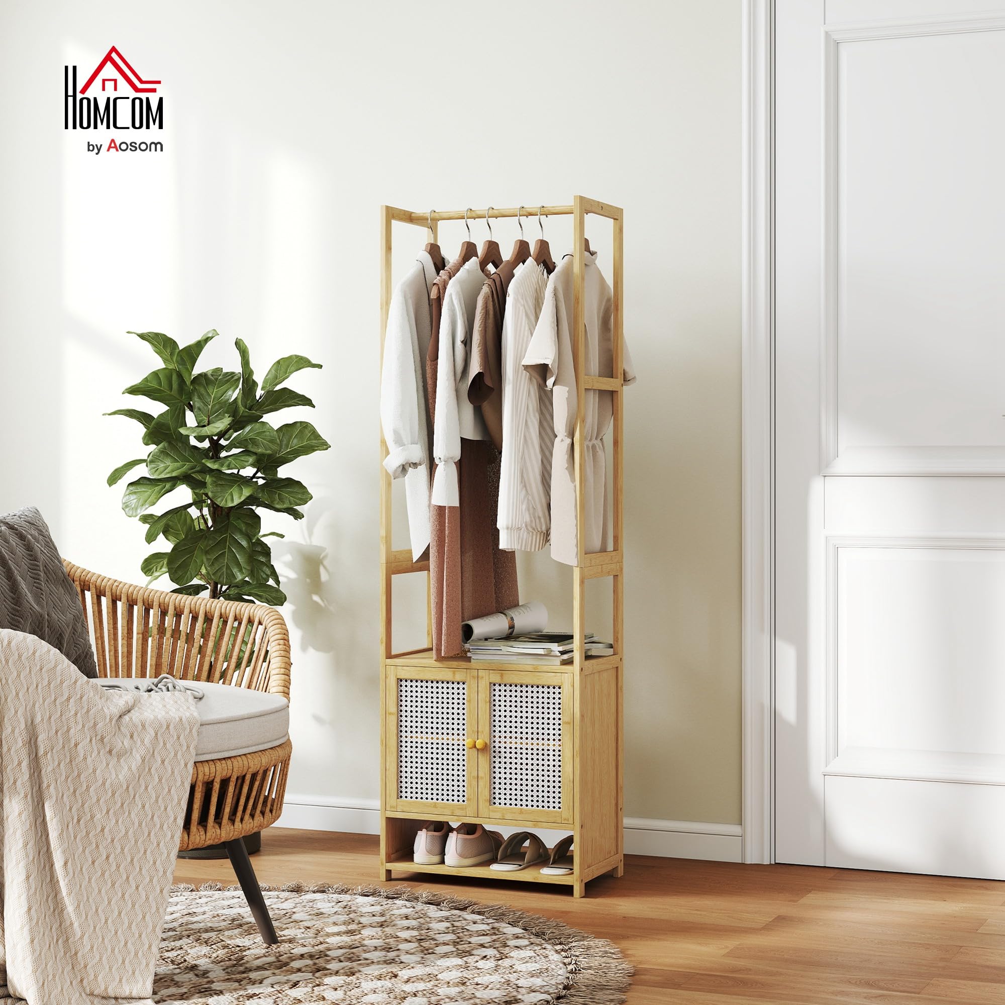 HOMCOM Perchero con Armario, Perchero para Ropa de Bambú, con Zapatero, Barra para Colgar, Estante Ajustable, para Entrada, Pasillo, Dormitorio, 53x31x168 cm, Natural