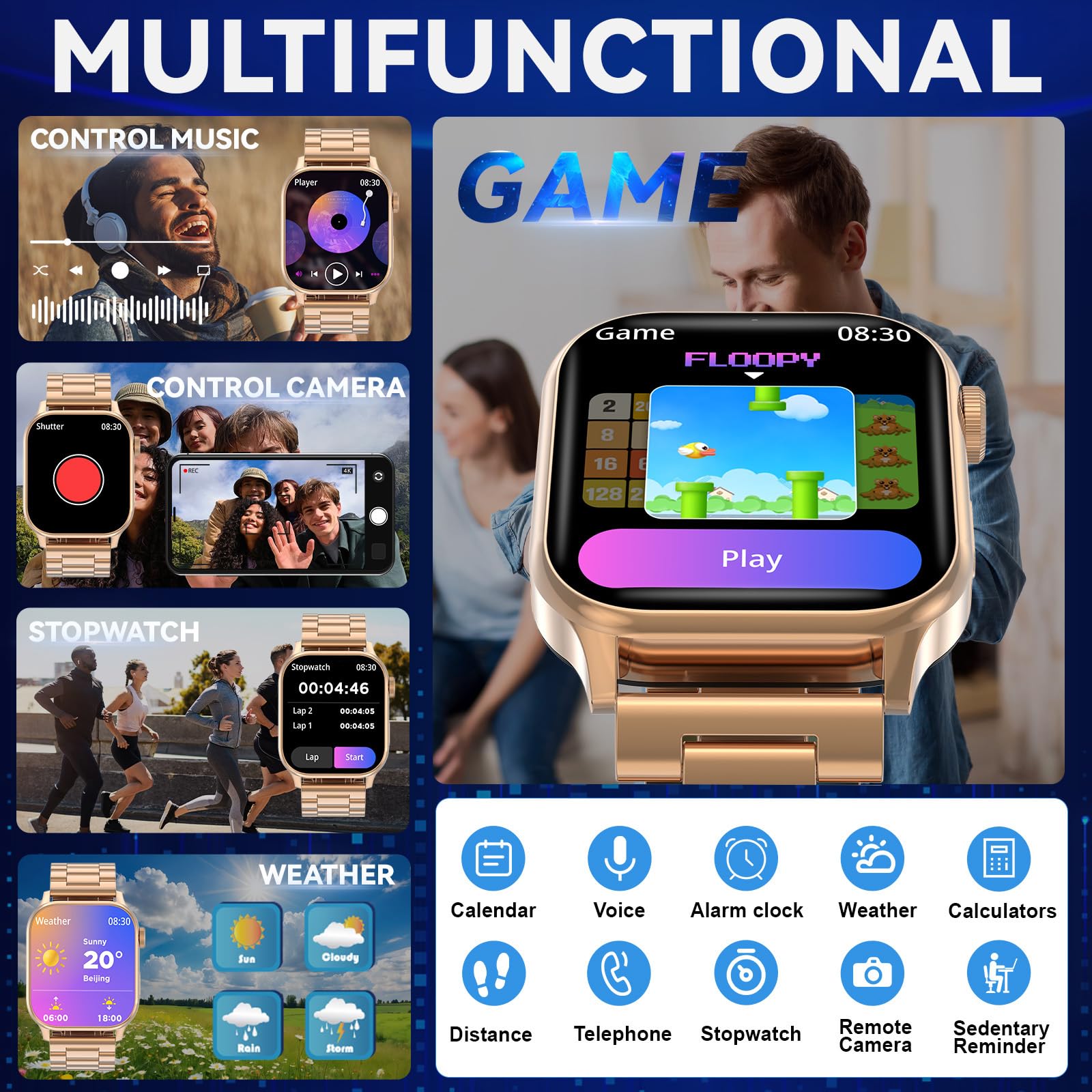 Montre Connectée Homme Femme, avec 2 Bracelets Réglables, la Fonction D'appel et L'assistant Vocal, 100+ Modes Sportifs, Smartwatch, Compatible avec Android et iOS, Dorée