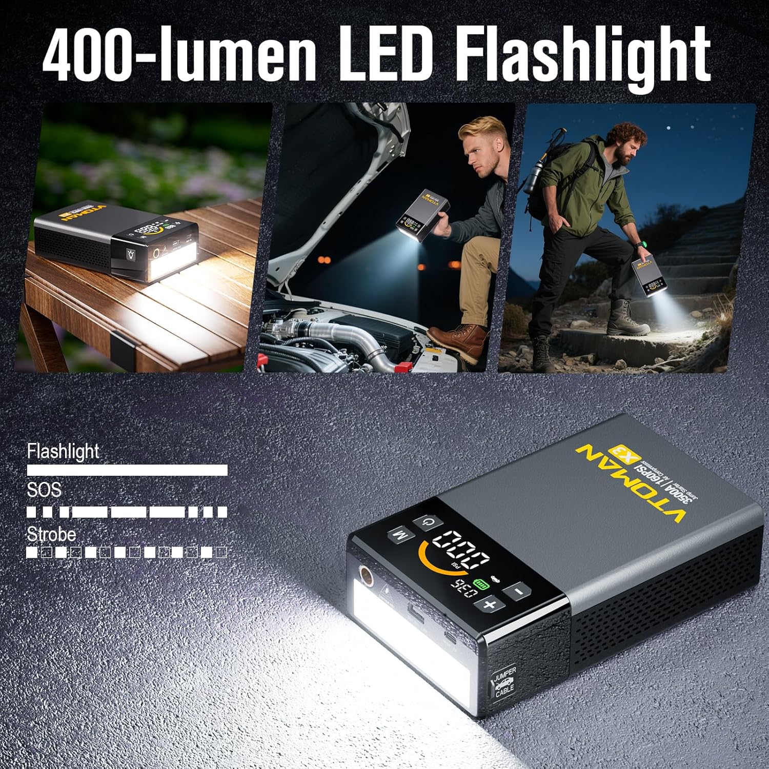 VTOMAN X3 Jump Starter with Air Compressor, 3500A Portable Car Battery Jumper Starter (9L Gas/8.5L Diesel Engines) with 160PSI Auto-Shutoff Tire Inflator, 12V Lithium Battery Booster Pack, Jump Box