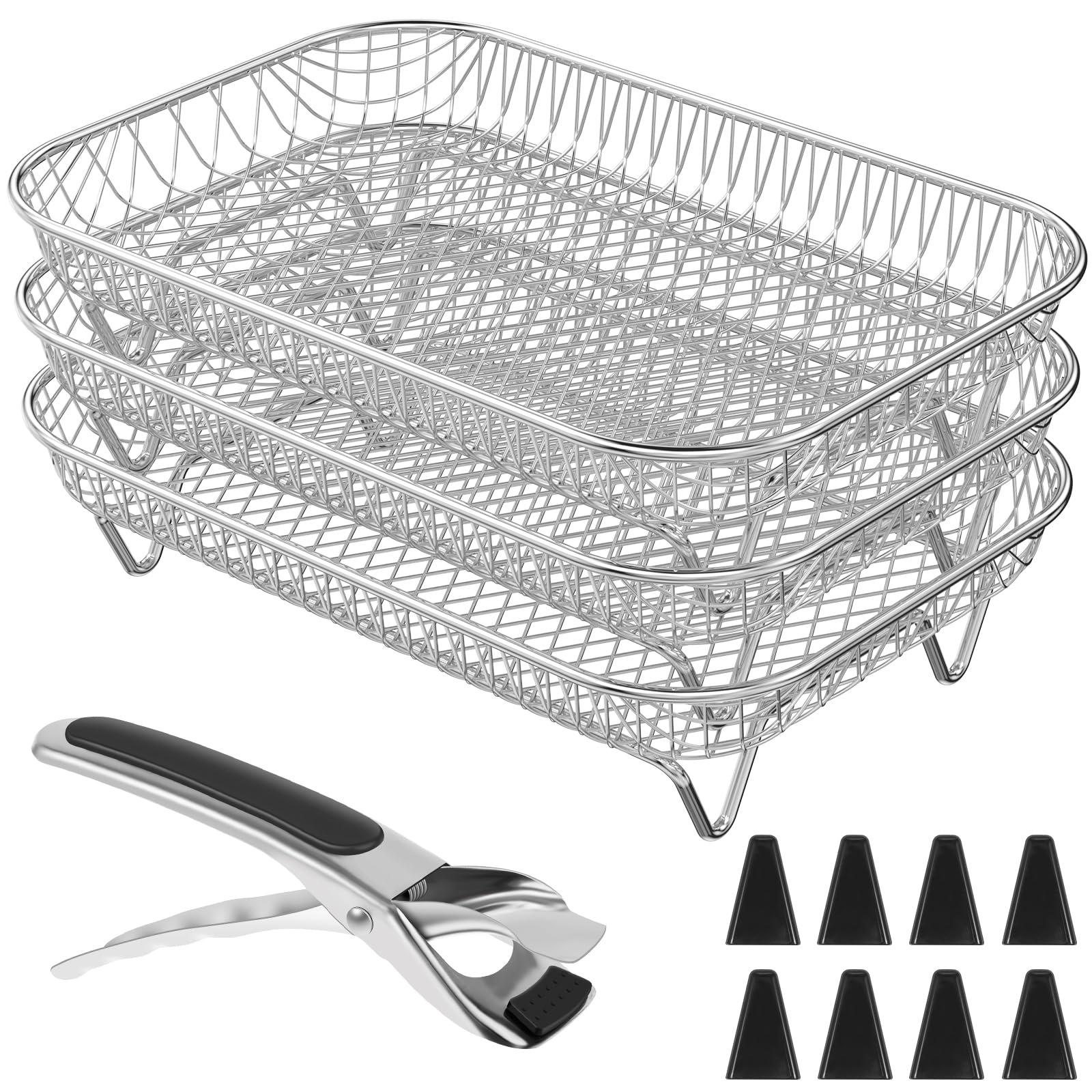 Air Fryer Rack,3 Layer Air Fryer Accessories 19x13cm Stainless Steel Stacking Bacon Racks with 8 Silicone Feet and 1 Clip,Rectangular Dehydrator Rack for Double Basket Air Fryer Oven