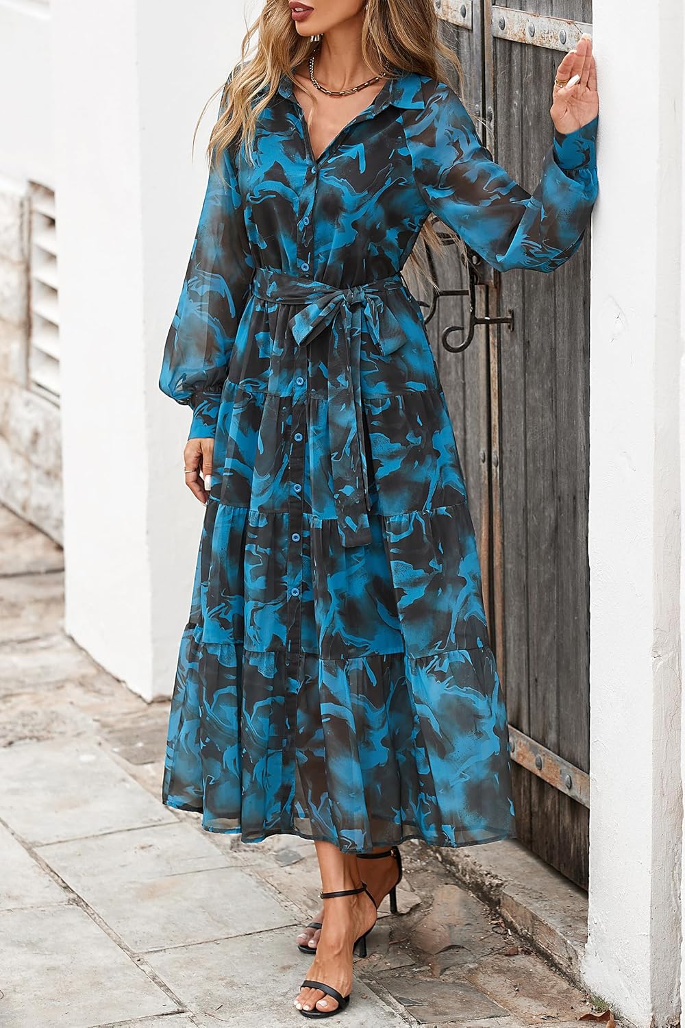 PRETTYGARDEN Womens Spring Dress 2026 Casual Long Sleeve Button Down Belted Boho Floral Flowy Maxi Wedding Guest Dresses - Image 7