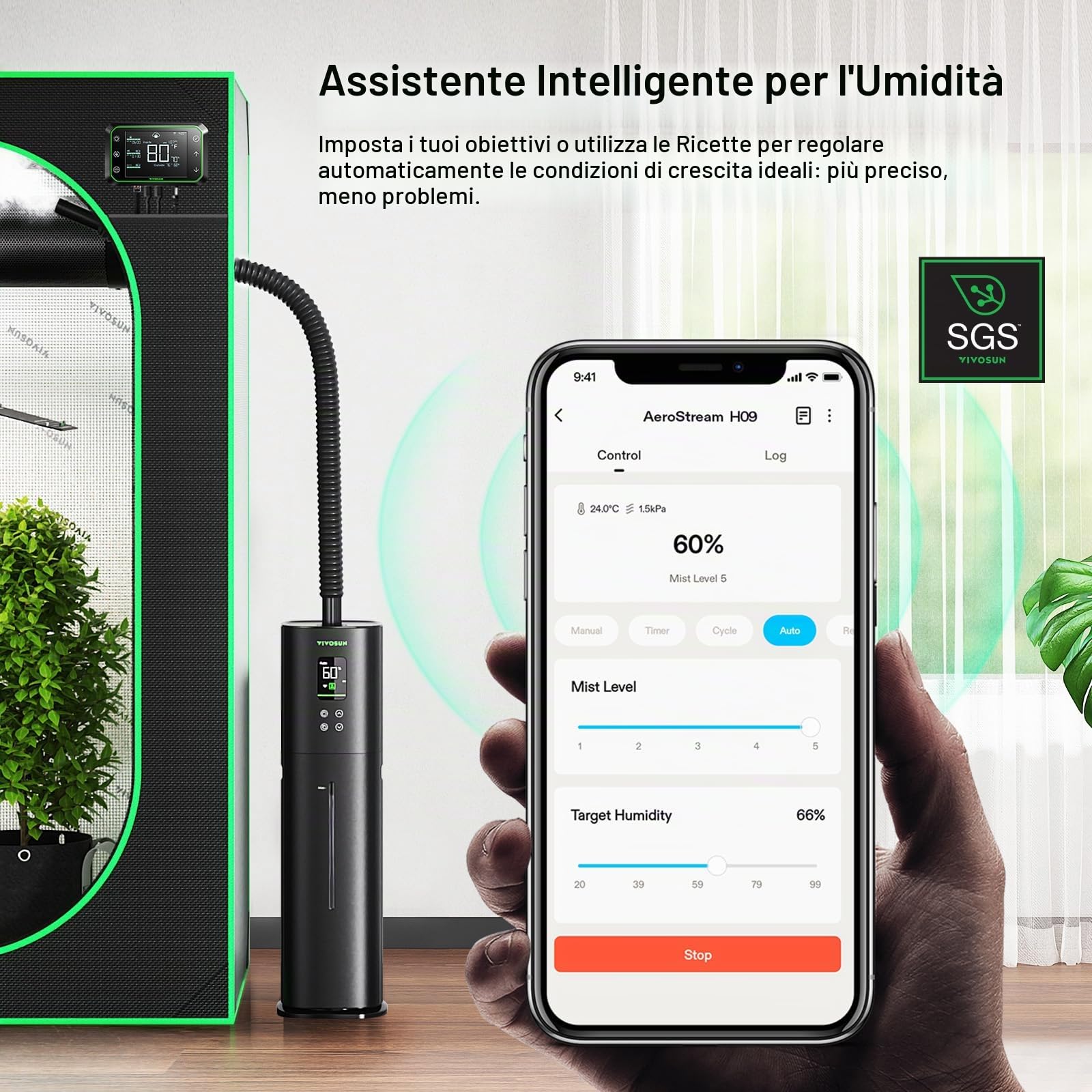 VIVOSUN Umidificatore per Piante 9L Smart Humidifier AeroStream H09 24dB Silenzioso Nebbia Fredda 360° 60h Fill Ultrasuoni per Tenda da Coltivazione
