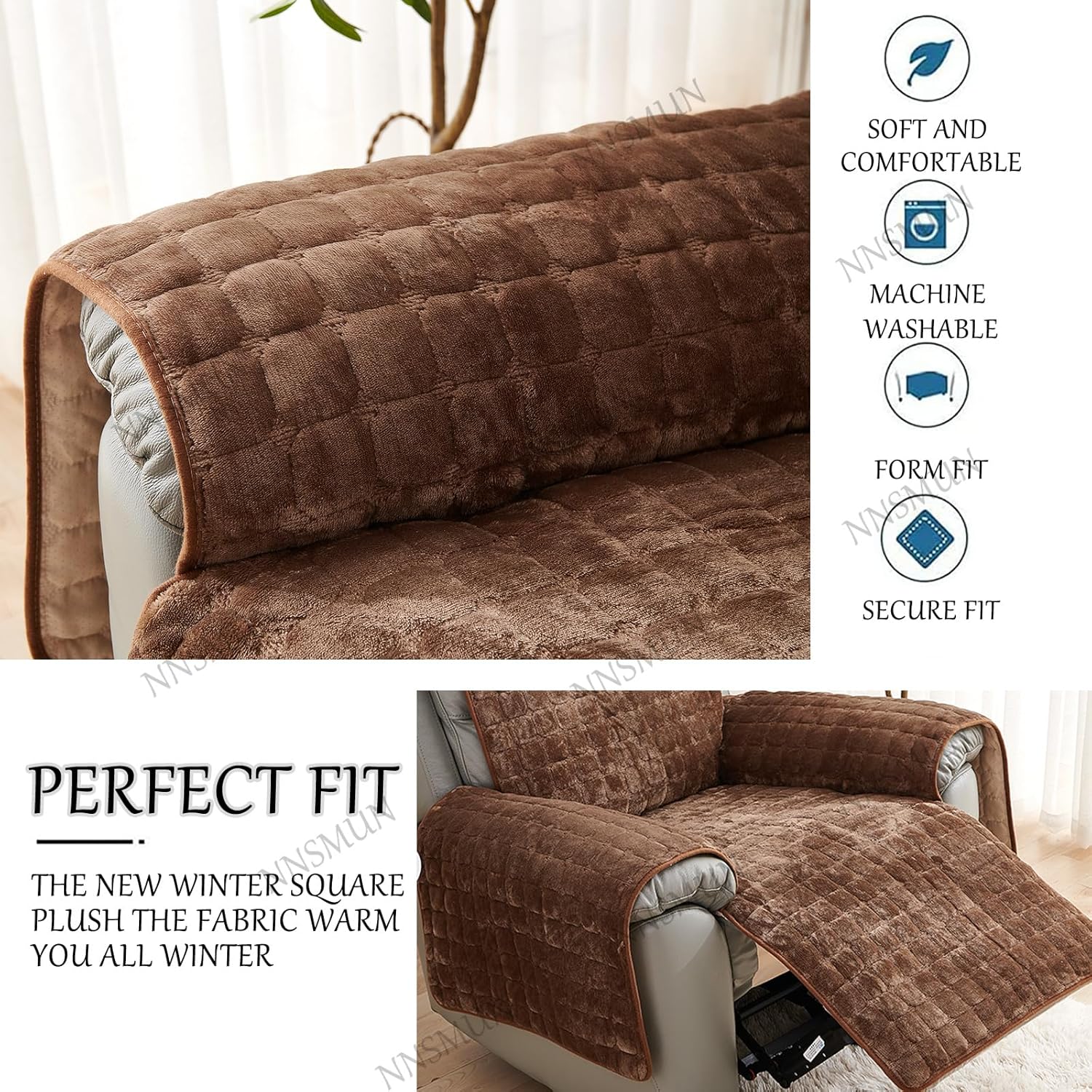 Sofa Armrest Cover, Winter Plush Armrest Chair Covers, Headrest Cover for Recliner Chair Arm Cover, Nonslip Armrest Slipcover Furniture Protector for Recliner, Chair, Sofa (Coffee,1 seat(53*190CM))