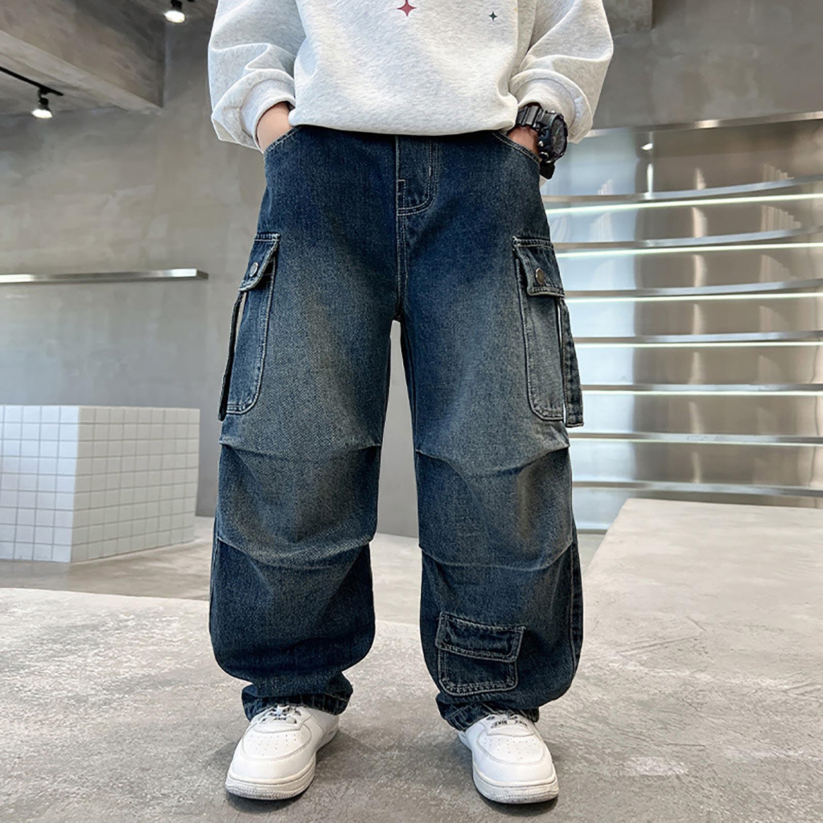 Pantalones Vaqueros Cargo de Pierna Ancha Holgados para Niños Denim con Efecto Lavado Desgastado Multibolsillos Laterales Amplios Urbana Juvenil Paseos y Reuniones Infantiles Disponible en Tallas