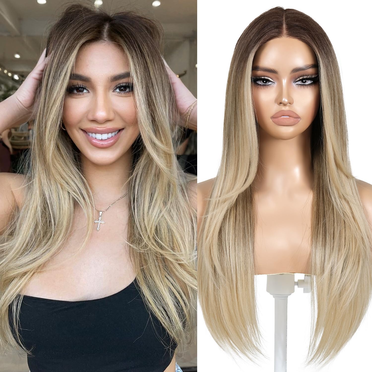ENCOUNTERU Wear and Go Glueless Wig Dirty Blonde Synthetic Lace Front Wigs for Women Pre Plucked Pre Cut Ombre Blonde Wig with Bangs 13x5x1 HD Lace