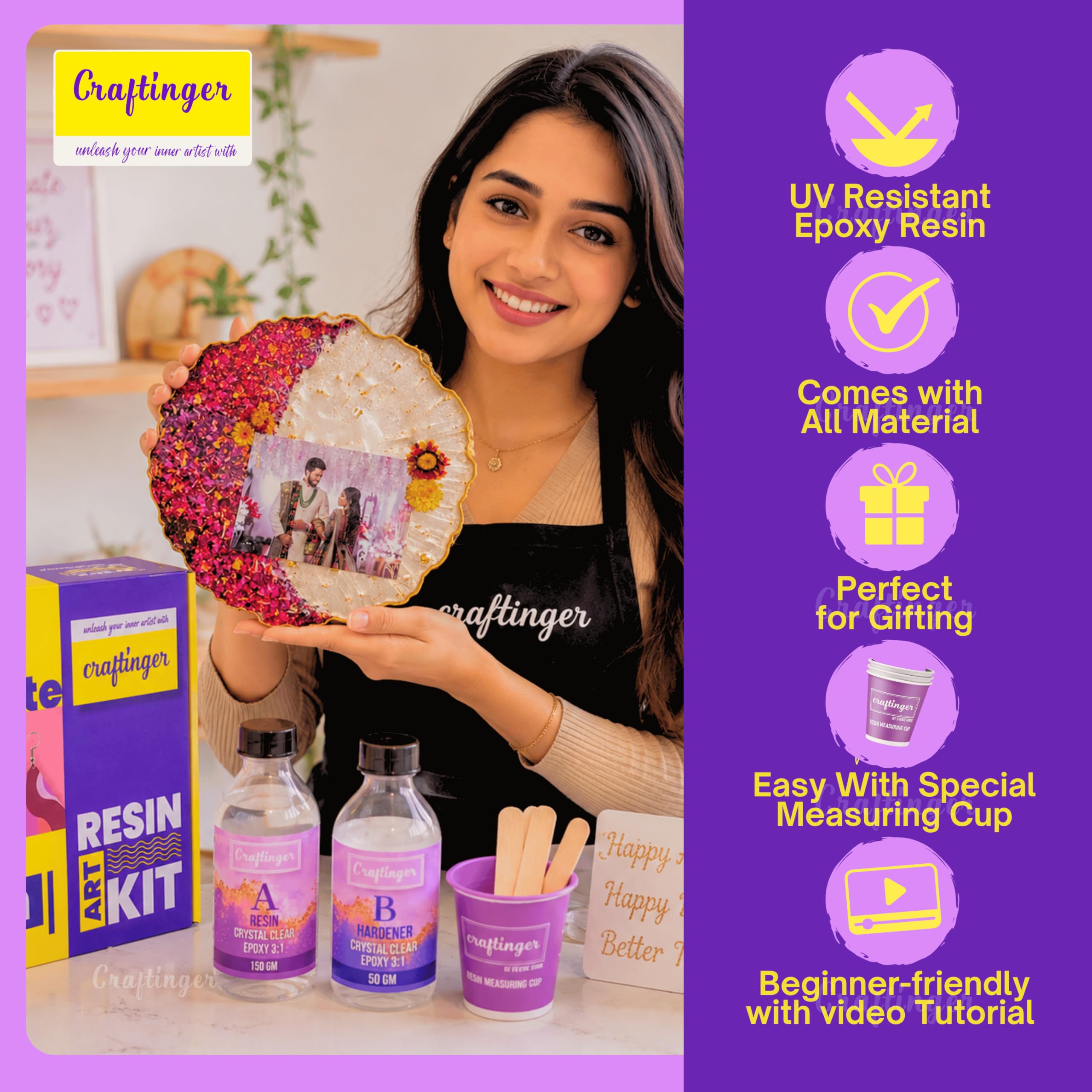 Craftinger Resin Art Photoframe Kit with 300gm Resin & Wooden Stand Acrelic Sticker of Happy Birthday and Happy Anniversary 1