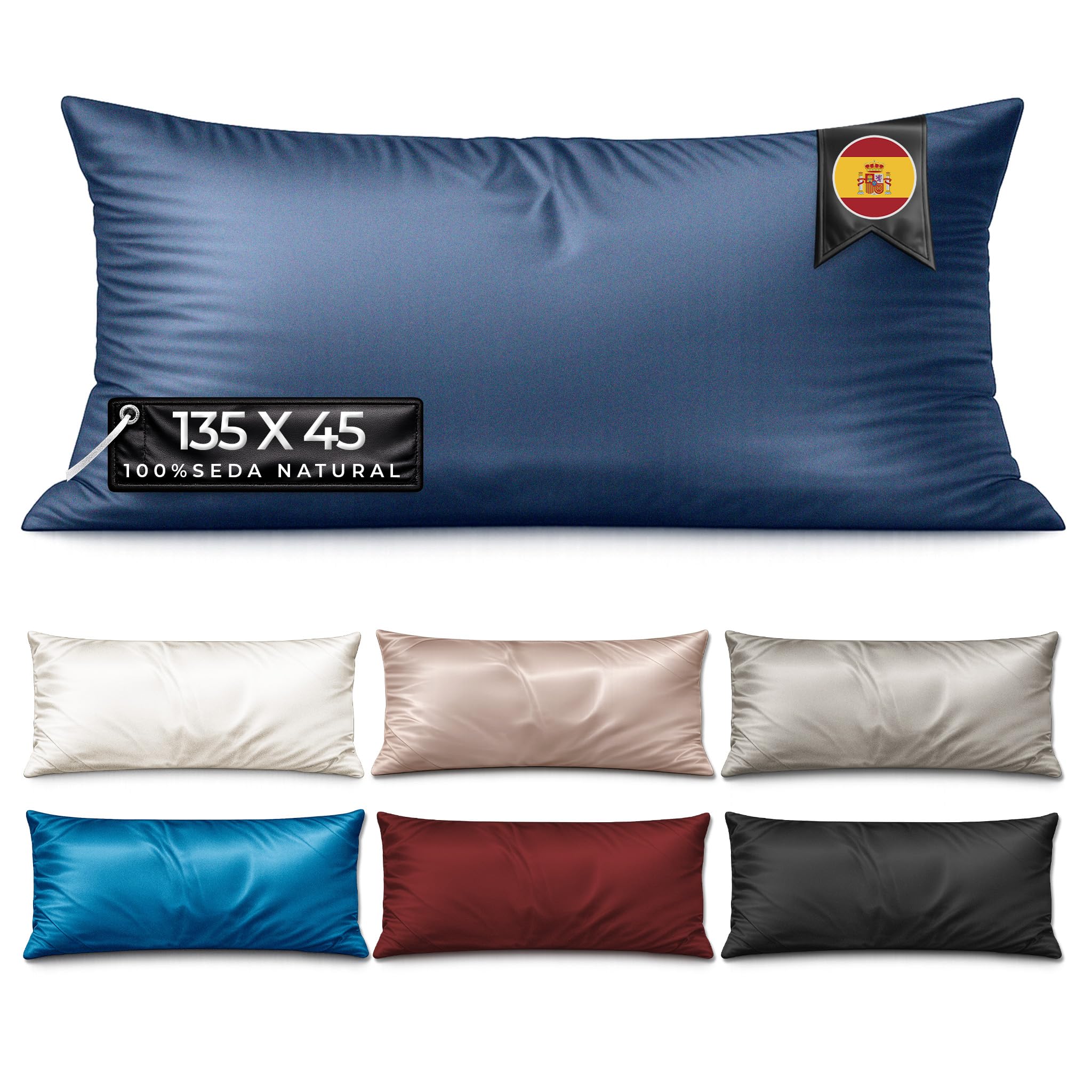 Funda Almohada Seda 135 cm - MELOPIDO - Seda Morera 22 Momme 6A Mulberry Natural hipoalergénica Transpirable antiácaros termorreguladora Cuidado Piel Cabello - 135x45 cm Azul Navy