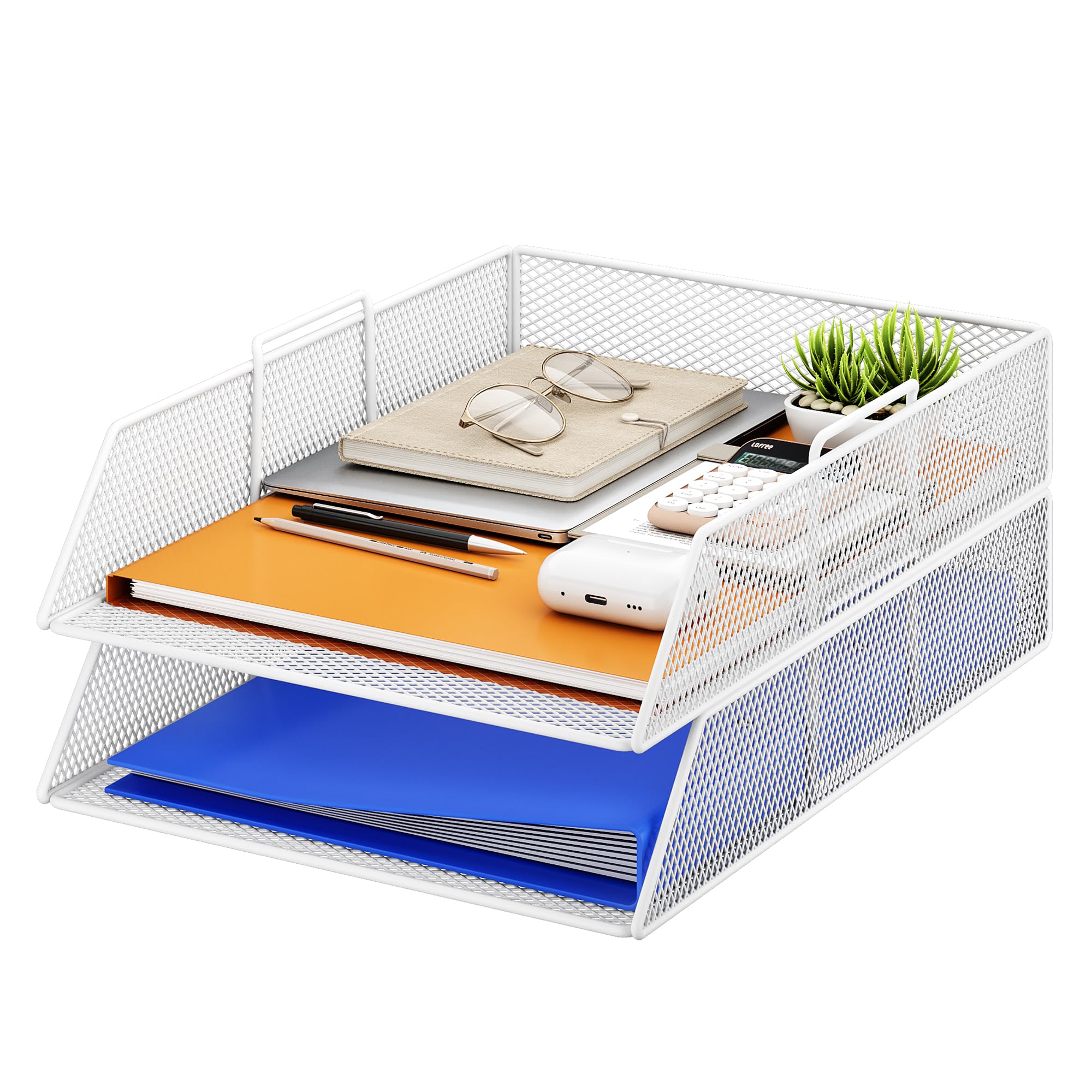 VITVITI 2 Tier Stackable Letter Tray for Office Tidy, Desk Paper Organizer File Trays for Office Desk Accessories, Paper Letter Accessories with Pen Holder - White