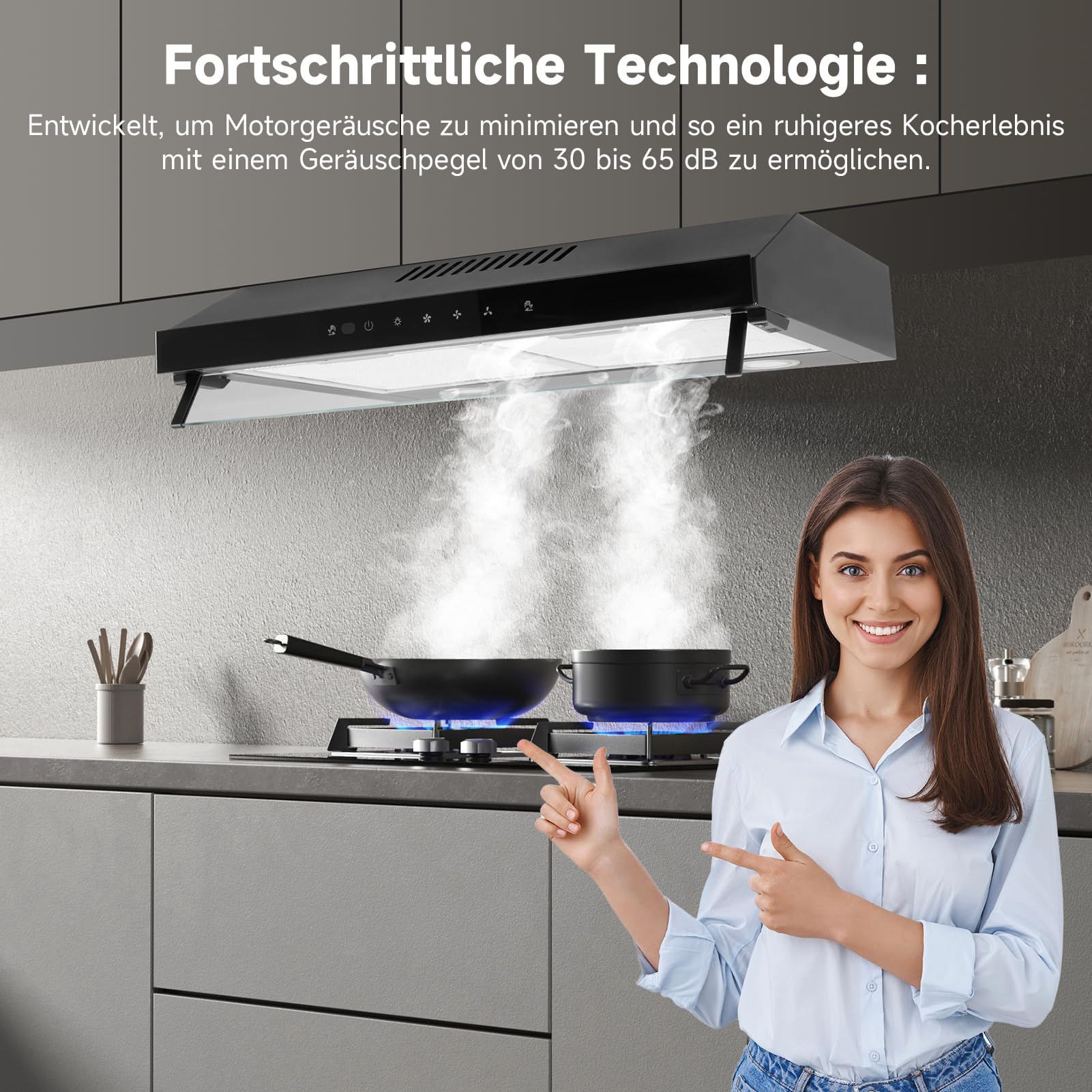 Dunstabzugshaube 60cm Unterbauhauben Abzugshaube | Unterbau Dunstabzug Touch-Steuerung Aluminiumfilter Abluft 200m³/h Luftstrom Edelstahl Schwarz